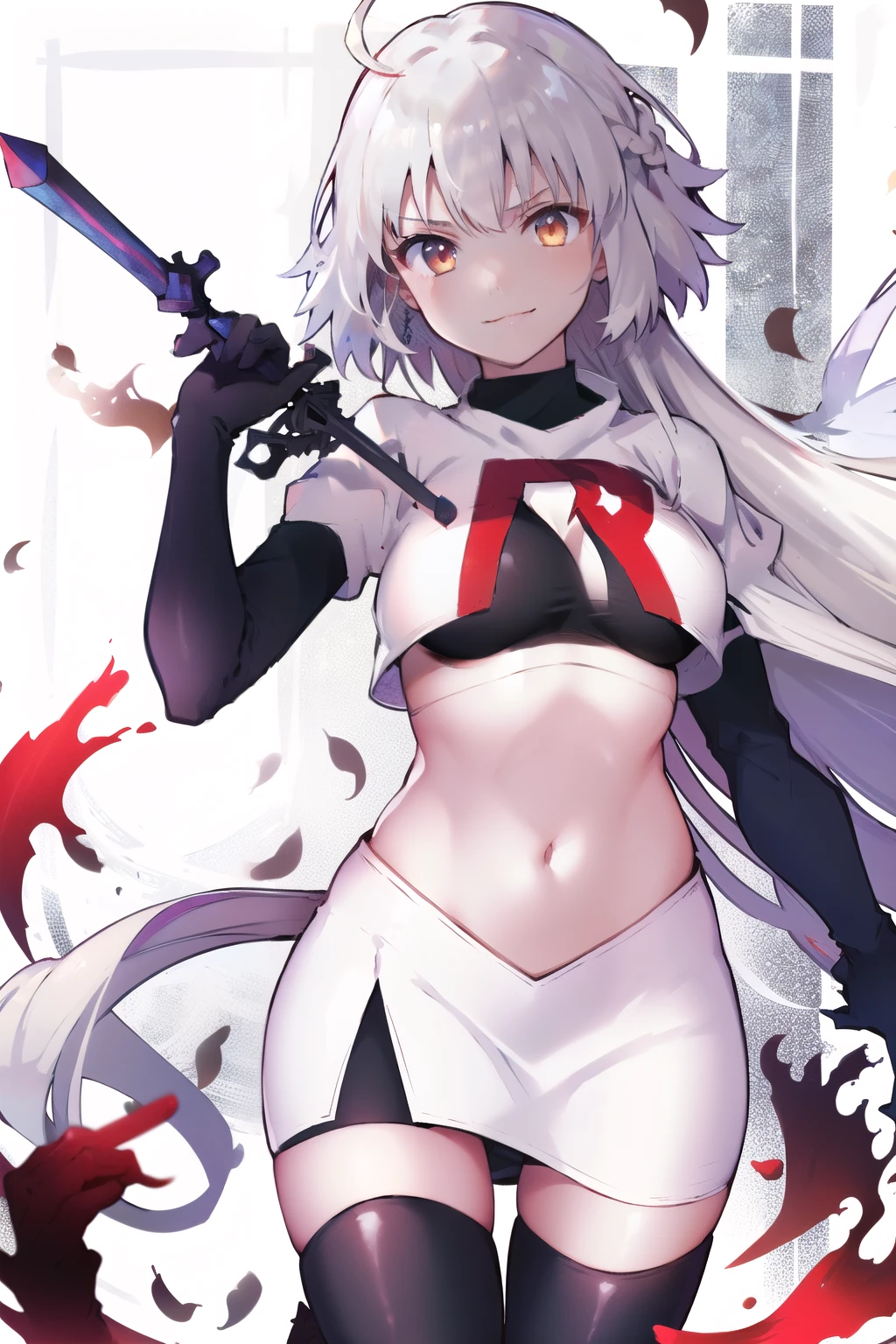 A3rd, 1girl, solo, weapon, smile, sword, looking at viewer, holding, holding weapon, holding sword, sideboob, floating hair, team rocket,team rocket uniform, red letter R, white skirt,white crop top,black thigh-highs ,black elbow gloves
 