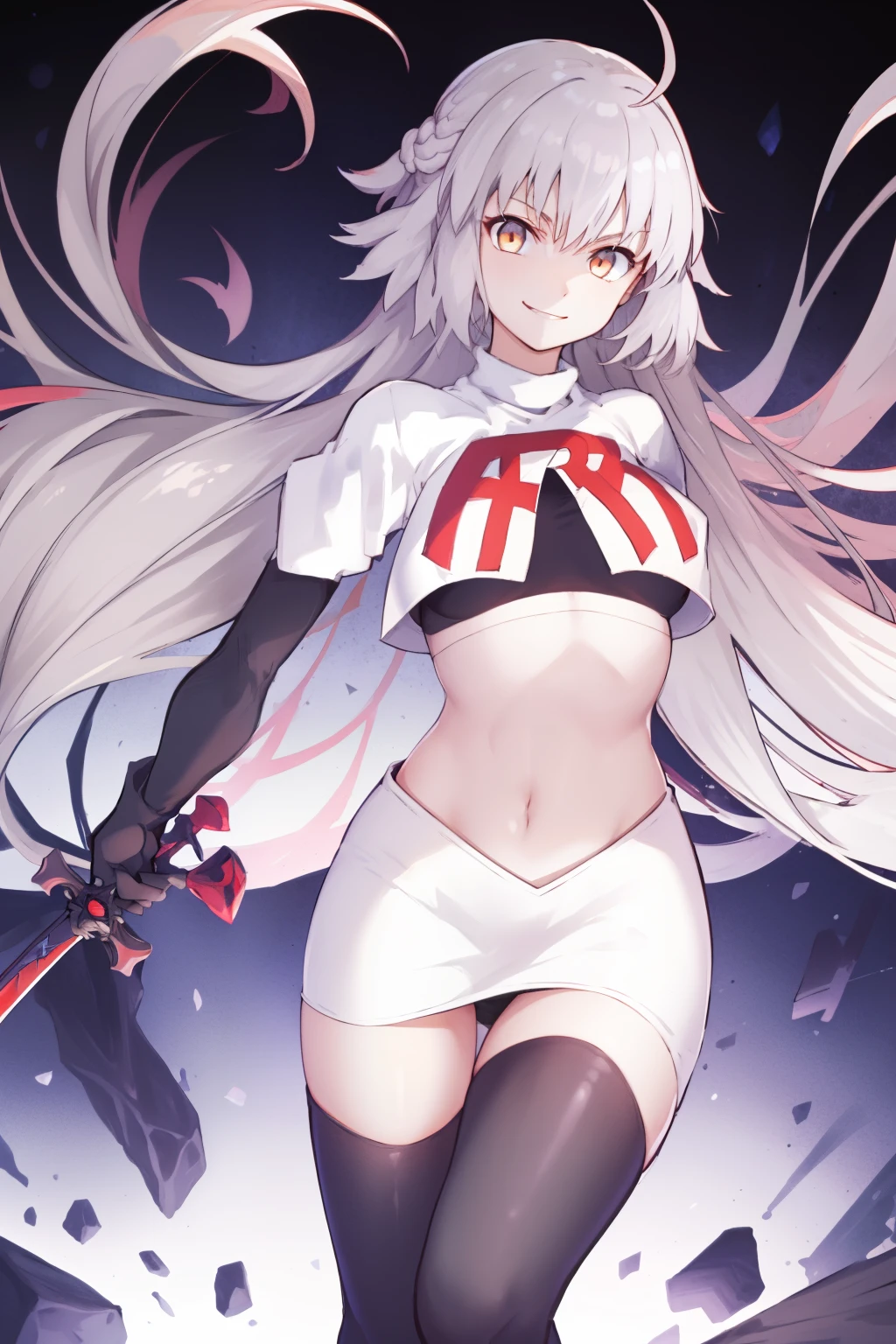 A3rd, 1girl, solo, weapon, smile, sword, looking at viewer, holding, holding weapon, holding sword, sideboob, floating hair, team rocket,team rocket uniform, red letter R, white skirt,white crop top,black thigh-highs ,black elbow gloves
 