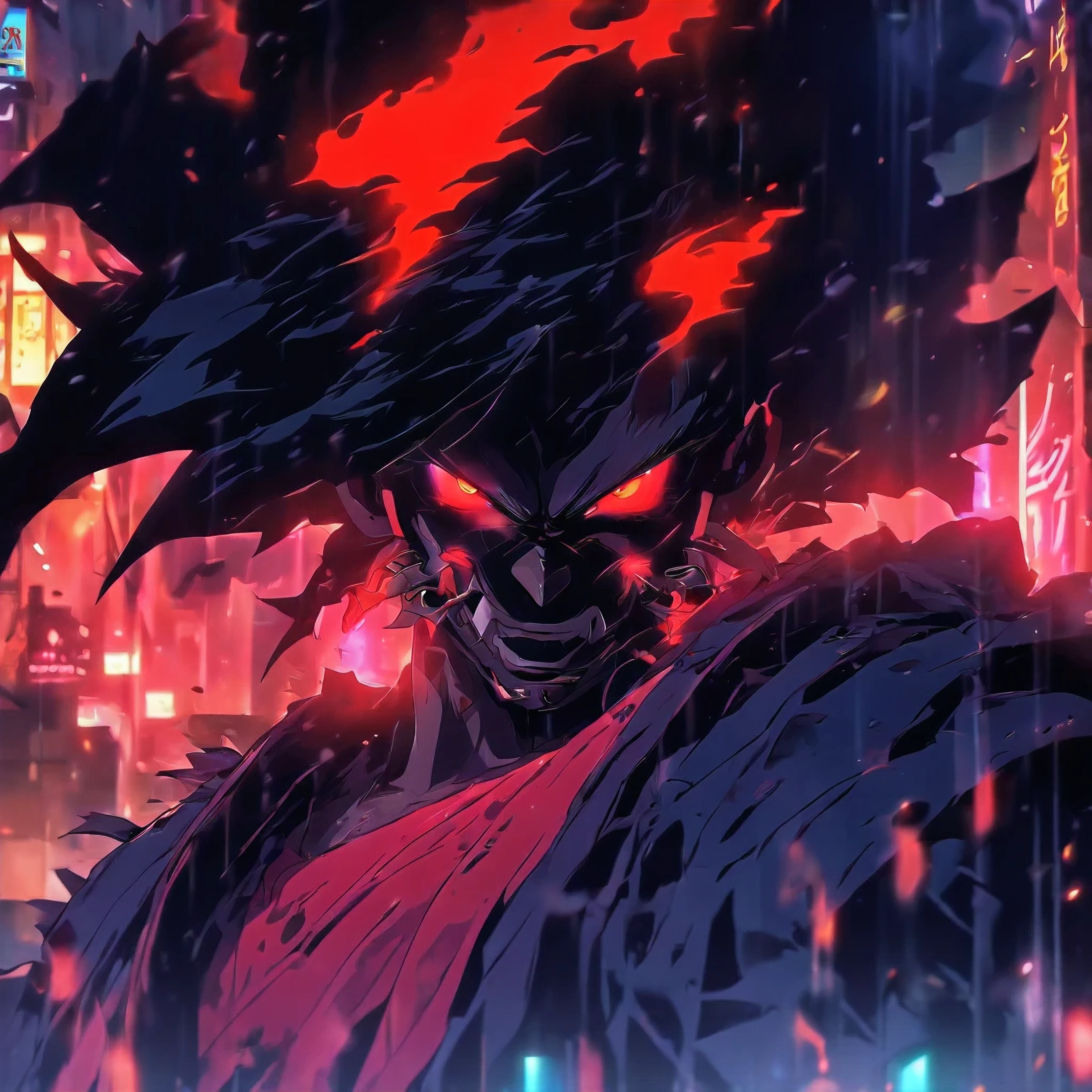 (Mejor calidad, 4k, high resolution, Obra maestra:1.2), ultra detallado, realista:1.37, dark fantasy, calle ciberpunk, retrato orco detallado, bright neon lights, textura arenosa, decadencia urbana, Smoke-filled atmosphere, pavimento empapado de lluvia, paisaje urbano futurista, imponentes rascacielos, augmented reality signs, threatening expression, dientes afilados, ropa hecha jirones, apariencia robusta, Ojos rojos brillantes, Steam coming out of street vents., colores vibrantes, dramatic shadows