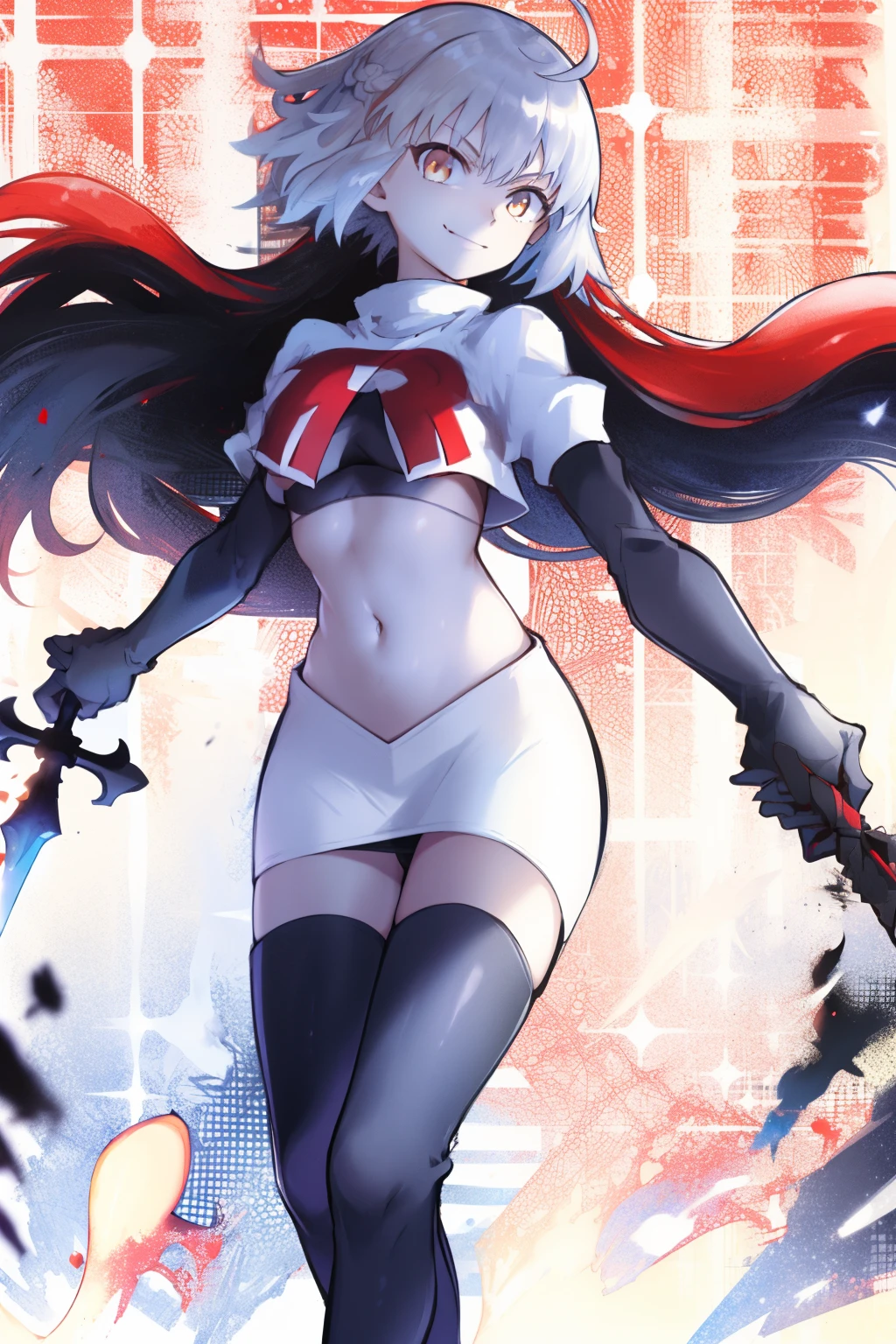 A3rd, 1girl, solo, weapon, smile, sword, looking at viewer, holding, holding weapon, holding sword, sideboob, floating hair, team rocket,team rocket uniform, red letter R, white skirt,white crop top,black thigh-highs ,black elbow gloves
 