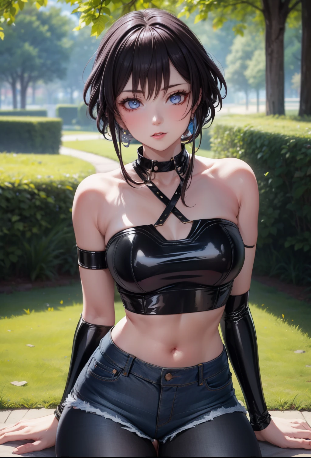 8k, highres, ultra detailed, (masterpiece:1.4), best quality, symmetrical body, (black latex strapless crop top:1.4), (jeans shorts:1.4), choker, cute, solo, earrings, short hair, blue hair, blue eyes, glow effect, finely eye, detailed face, looking at viewer, seductive face, in the park, sitting on bench, angled view, big breasts, seductive look, perfect fingers, voluptous
