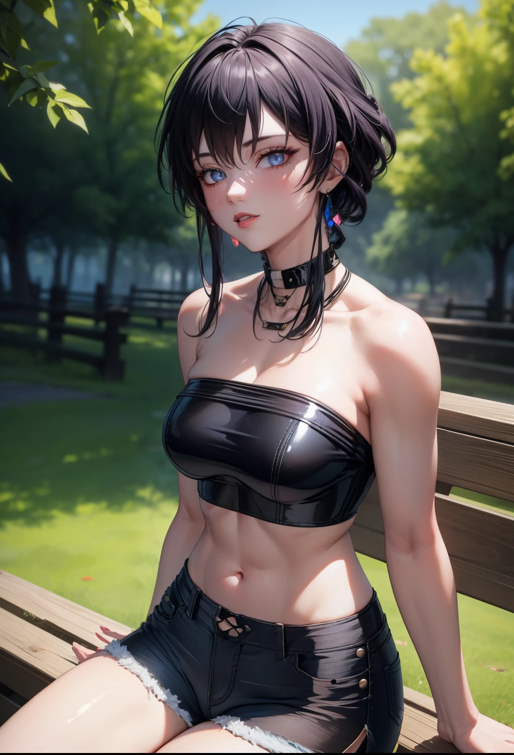 8k, highres, ultra detailed, (masterpiece:1.4), best quality, symmetrical body, (black latex strapless crop top:1.4), (jeans shorts:1.4), choker, cute, solo, earrings, short hair, blue hair, blue eyes, glow effect, finely eye, detailed face, looking at viewer, seductive face, in the park, sitting on bench, angled view, big breasts, seductive look, perfect fingers, voluptous
