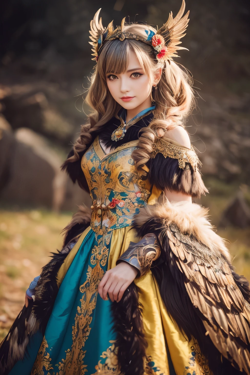 ( absurdly , high quality , Super detailed,See photographer ), griffon queen,Griffon costume with detailed, beautiful and colorful patterns,See photographer，fantastic world