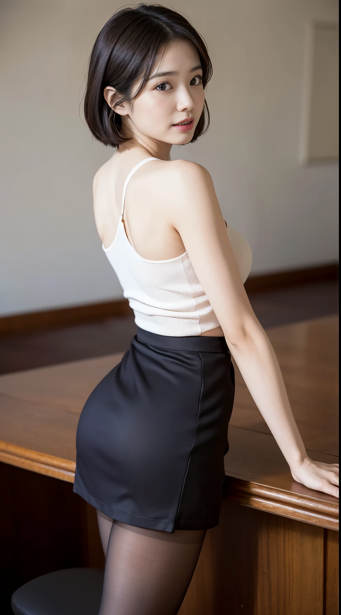 masterpiece, best quality, ultra high res,(photo realistic:1.4) (depth of field),(Lens Glow) ,Sony α7, 35mm, f1.8, full body ,office lady, focus on legs,
(portrait of Japanese famous actress),(((changing room, changing clothes:1.5, undressing:1.5, standing, action))) spread legs:1.4, beautiful inner thigh:1.2, beautiful perfect legs:1.5, high heels, from side:1.2, looking away, show panties:1.1,simple lace panties and bra:1.5, nude sheer pantyhose:1.3,
high detailed eyes, (dark hair,updo,beautiful nape ,funny smile,happy,open mouth,beautiful teeth ,sharp eyes,thin lips,cute and poppy demeanor), 21 to 32 yo, (Business professional attire,
Conservative and tailored clothing, gray or black or navy suit, )natural light