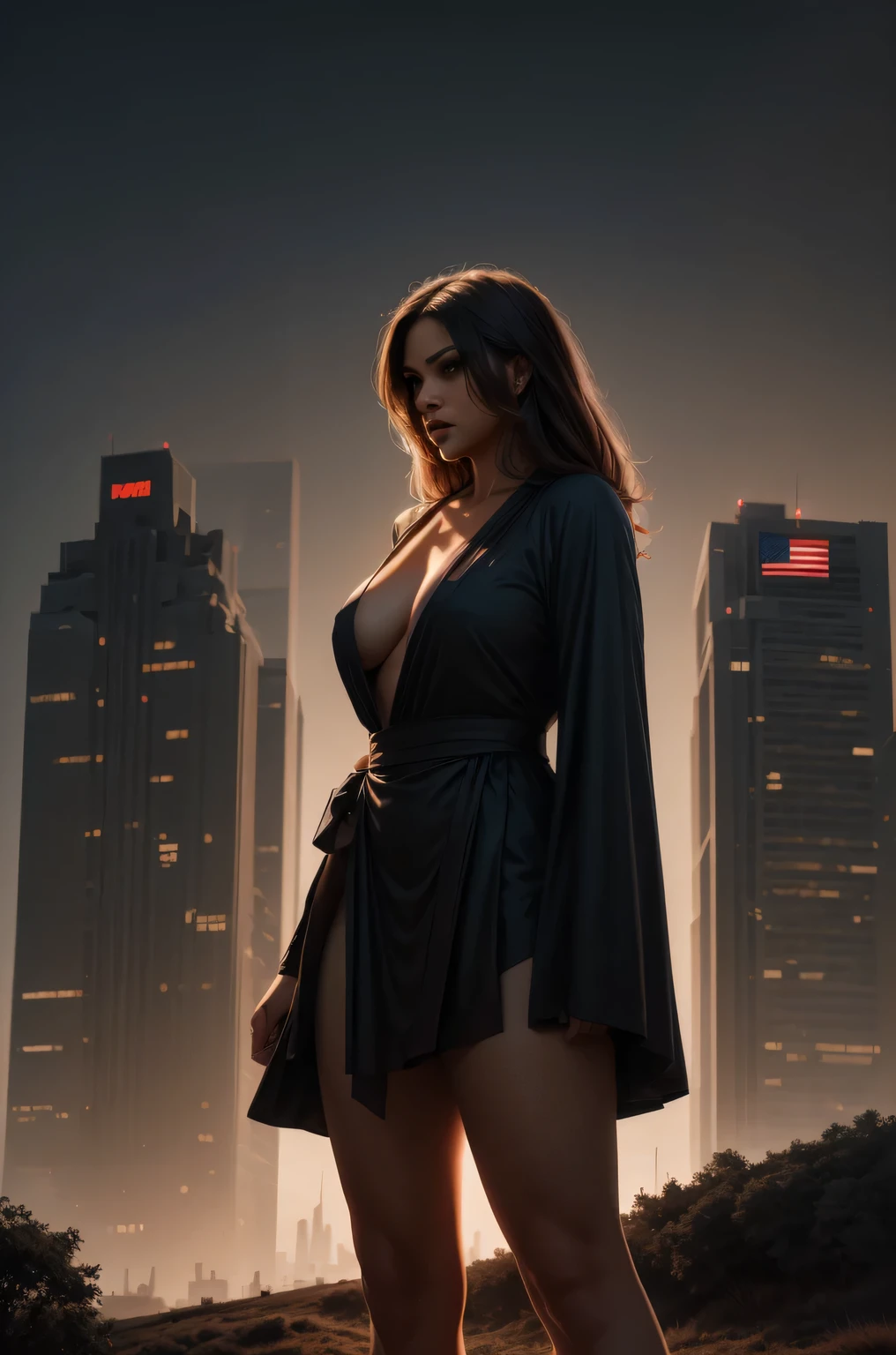 A modern-day warrior woman draped in her country's flag, standing atop a hill with a cityscape below, the scene rendered in dramatic lighting that emphasizes her strength and the dynamic composition of the patriotic theme.