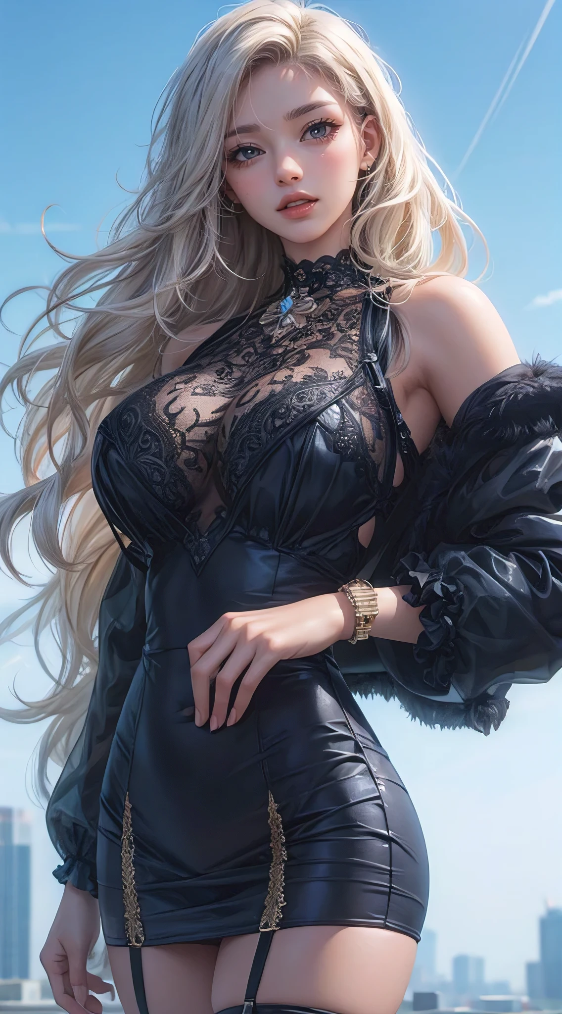 (masterpiece, best quality, photorealistic, ultra-detailed:1.2), perfect body, large breasts, wide hips, wavy hair, big gorgeous eyes, luscious full lips, parted lips, dangerous allure, avant-garde fashion, (seethrough, transparent clothes:1.3), metro city, anime realism