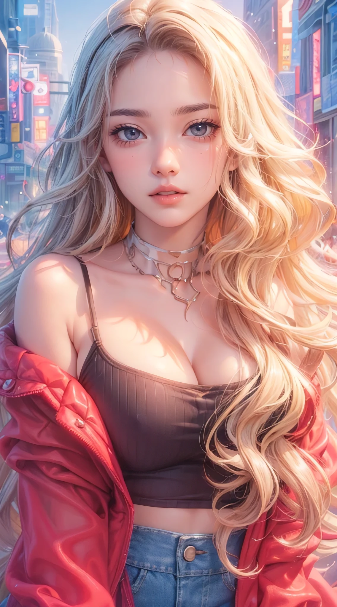 (masterpiece, best quality, photorealistic, ultra-detailed:1.2), perfect body, large breasts, wide hips, wavy hair, big gorgeous eyes, luscious full lips, parted lips, dangerous allure, avant-garde fashion, (seethrough, transparent clothes:1.3), metro city, anime realism