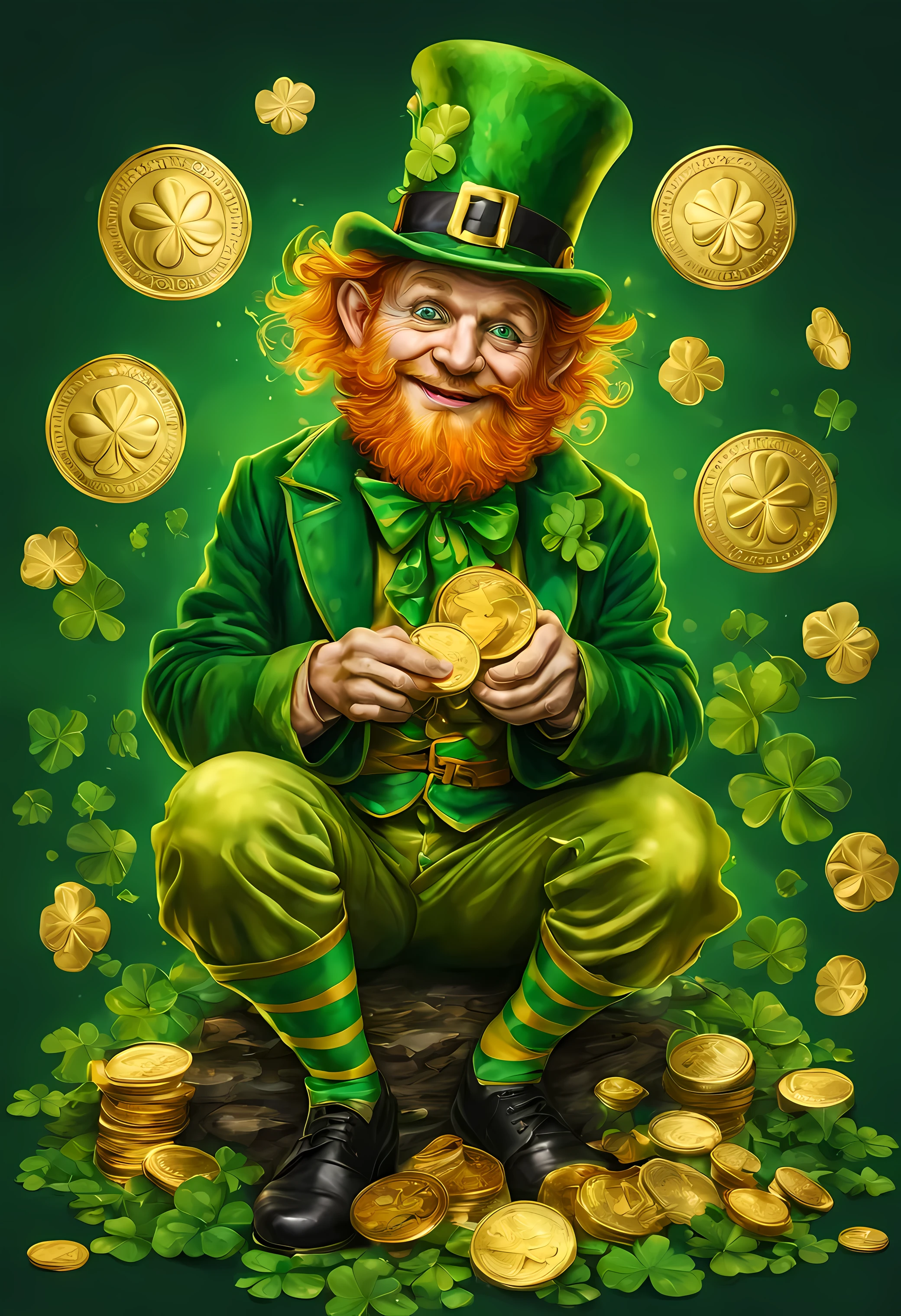 shamrocks, leprechaun, gold coins, surreal art, vibrant, no background