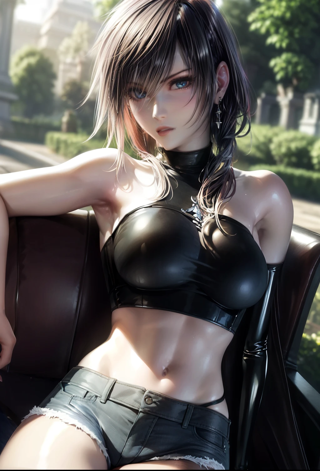 8k, highres, ultra detailed, (masterpiece:1.4), best quality, symmetrical body, (black latex strapless crop top:1.4), (jeans shorts:1.4), choker, cute, solo, earrings, short hair, blue hair, blue eyes, glow effect, finely eye, detailed face, looking at viewer, seductive face, in the park, sitting on bench, angled view, big breasts, seductive look, perfect fingers, voluptous