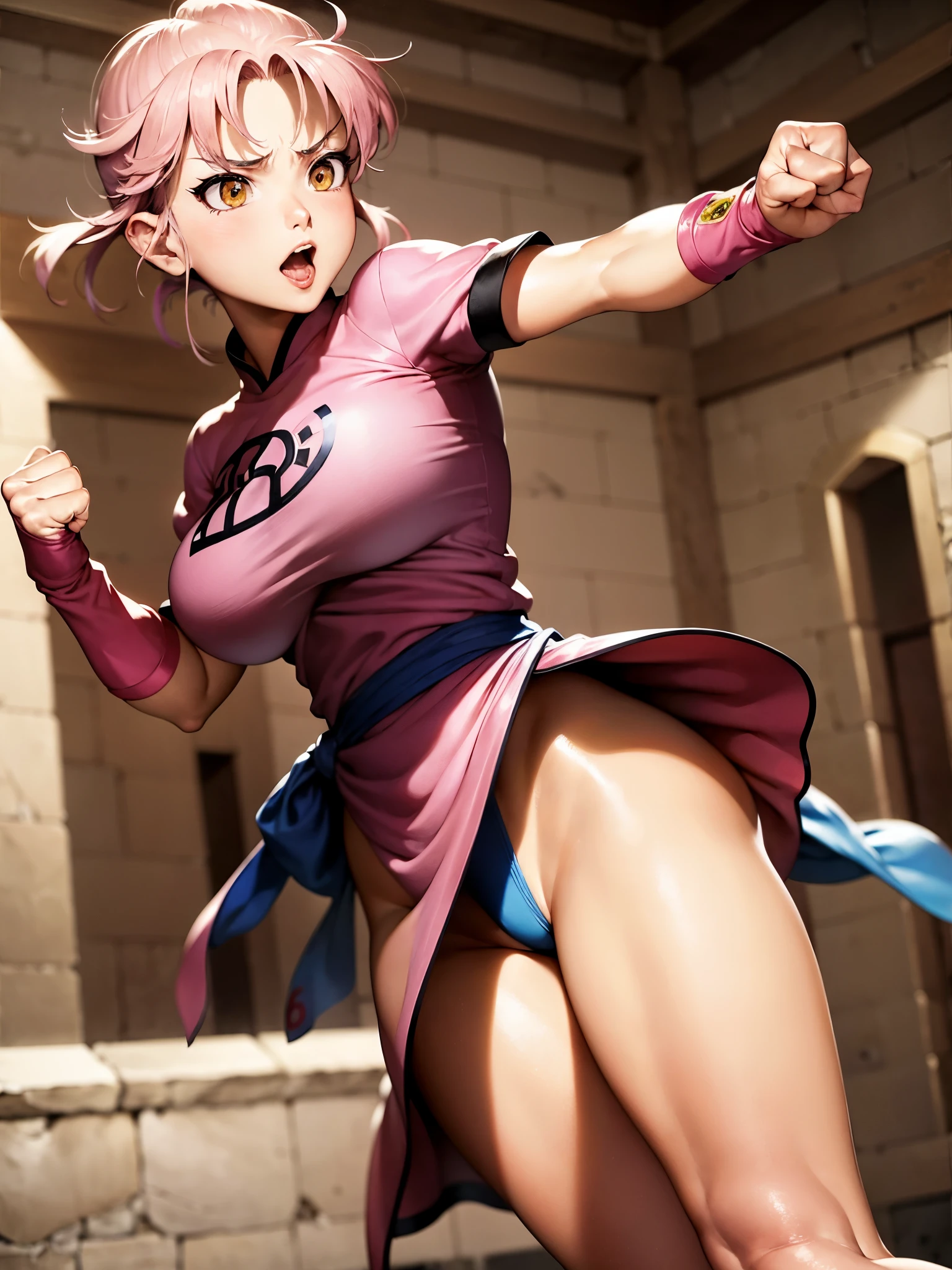 (masterpiece, highest quality:1.1), (open your mouth, clenched fist, action pose,:1.1), thank you, dragon quest, 1 girl, alone, big breasts, looking at the viewer, short hair, pink hair, parted bang, (Good cover,:1.1) yellow eyes, fingerless gloves, pink gloves, Chinese service, pink dress, ribbon, boots, white background
