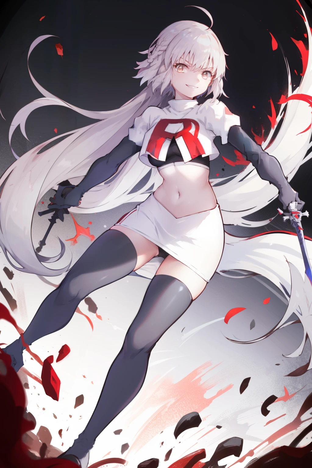 A3rd, 1girl, solo, weapon, smile, sword, looking at viewer, holding, holding weapon, holding sword, sideboob, floating hair, team rocket,team rocket uniform, red letter R, white skirt,white crop top,black thigh-highs ,black elbow gloves
 