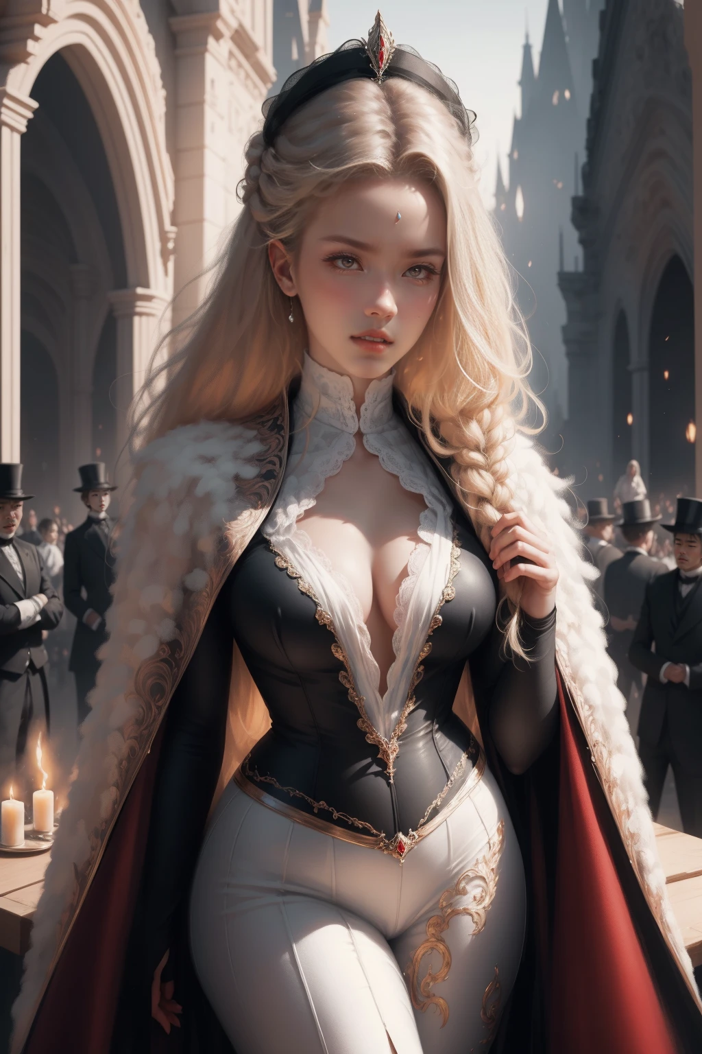 { - anatomy error}(Masterpiece - Ultra-detailed, very high resolution) Prepare to be enchanted by a true masterpiece that combines ultra-detailed art with high-resolution rendering. This work depicts a mesmerizing woman with very long blond hair (1.3) and captivating gray eyes (1.2), emanating an aura of elegance and mystery in Victorian settings. The intricate details and realistic textures invite you to explore every aspect of this enchanting composition. Woman wearing beautiful classic Victorian costume from the year 1878. Red lips. Happy face. Smiling. white (white) dress., backwards, looking back, dynamic poses. Get ready to dive into a world where beauty and craftsmanship merge perfectly.