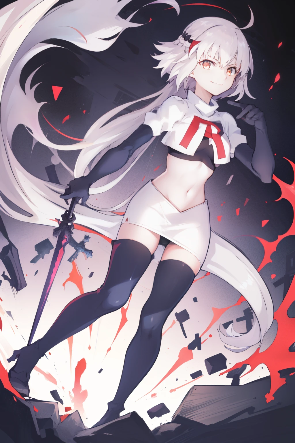 A3rd, 1girl, solo, weapon, smile, sword, looking at viewer, holding, holding weapon, holding sword, sideboob, floating hair, team rocket,team rocket uniform, red letter R, white skirt,white crop top,black thigh-highs ,black elbow gloves
 