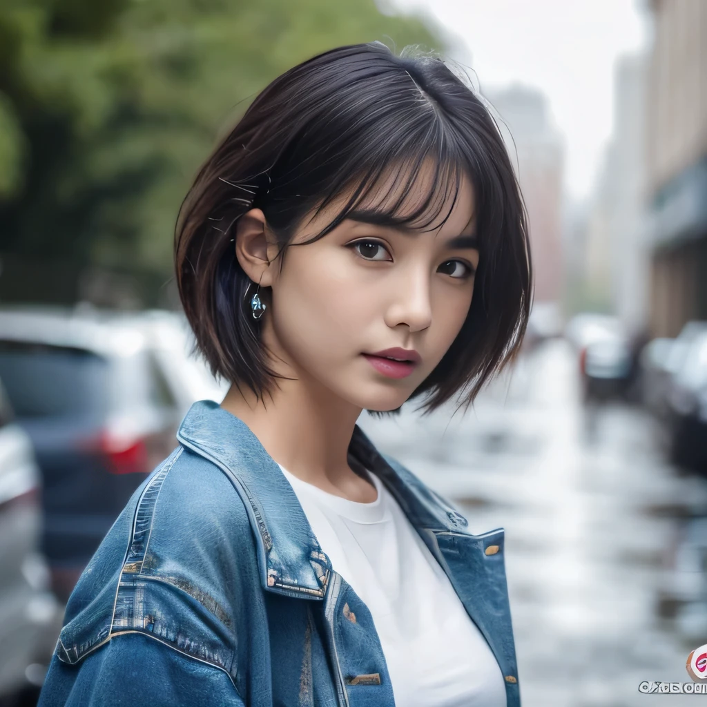 ((highest quality、In 8K、masterpiece:1.3))、sharp focus:1.2、beautiful woman perfect body:1.4、slim abs:1.2、((very short hair:1.2))、(dark blue knitwear、denim:1.1)、(rain、street:1.2)、wet body:1.5、three-dimensional texture、detailed eye、brown hair、very shiny hair、Rear view、hair quality improvement、handsome short