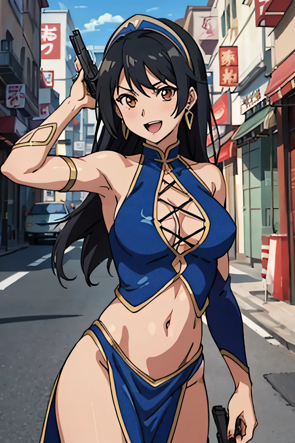 1girl, solo, Kitana, black hair, long hair, brown eyes, hairband, earrings, anime coloring, anime style, anime key visual, masterpiece, best quality, highly detailed, a anime girls in china dress with navel cutout holding a gun posing for a picture, navel cutout, crop top, china dress, ecchi anime style, evil smile, open mouth, smile, anime girls, ecchi style, ecchi, digital anime art!!, in anime style, official artwork, (nsfw) not safe for work, beautiful anime girl, anime style 4 k, pelvic curtain, exposed belly, exposed navel, exposed midriff, exposed lower belly, holding a gun, chinatown, outdoor,street,road,