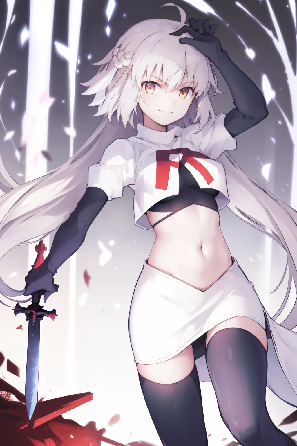 A3rd, 1girl, solo, weapon, smile, sword, looking at viewer, holding, holding weapon, holding sword, sideboob, floating hair, team rocket,team rocket uniform, red letter R, white skirt,white crop top,black thigh-highs ,black elbow gloves
 