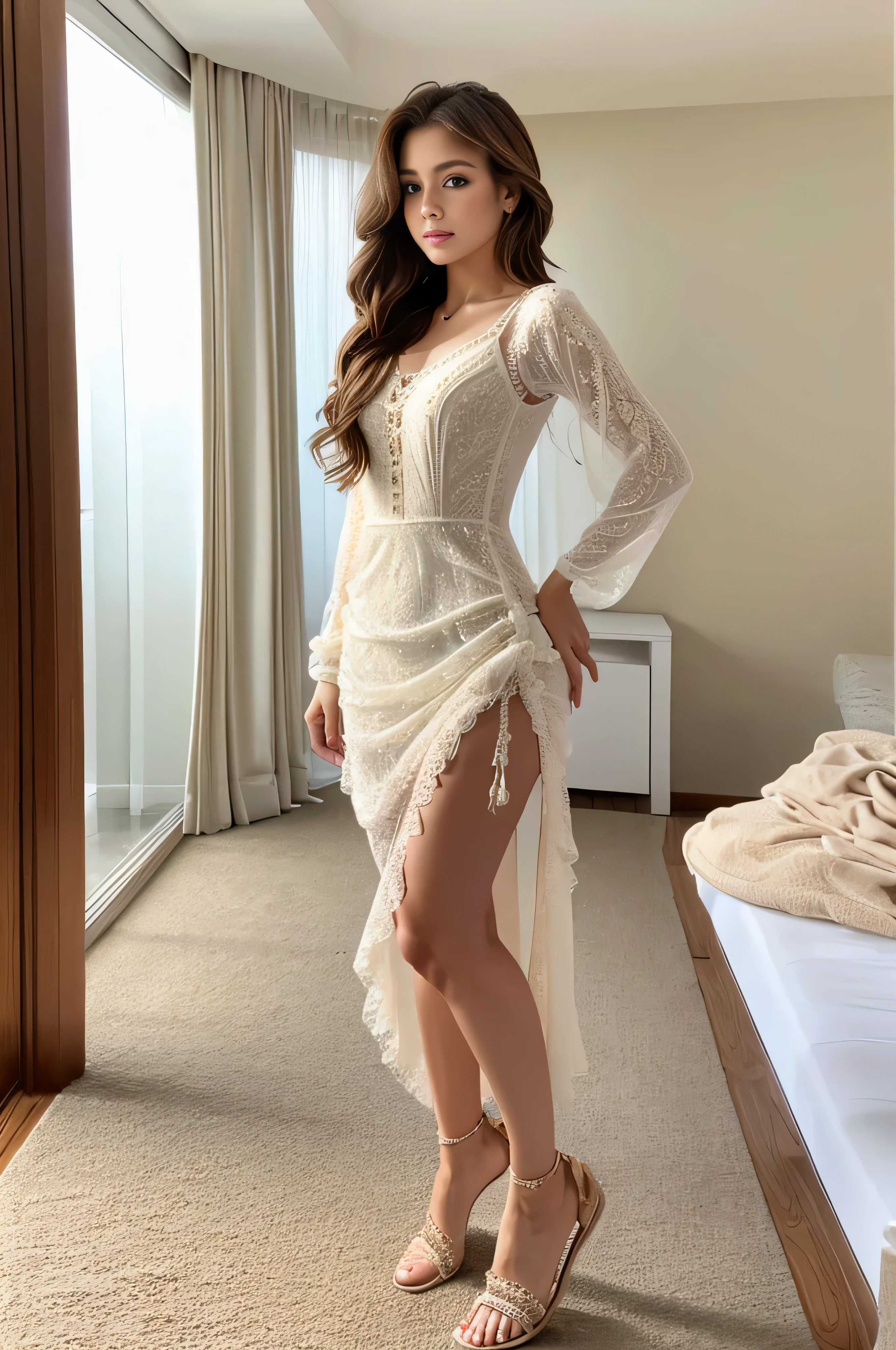 Not Safe for work contents.best quality and masterpiece,insanely detailed.hyper realistic.looking at viewer,lower body,1girl,brown hair,wavy hair,1girl in、Girl in long white mini dress with sheer skin、((full figure supermodel standing, entire body in frame))、fullbody shot、Standing gracefully、Standing with legs crossed