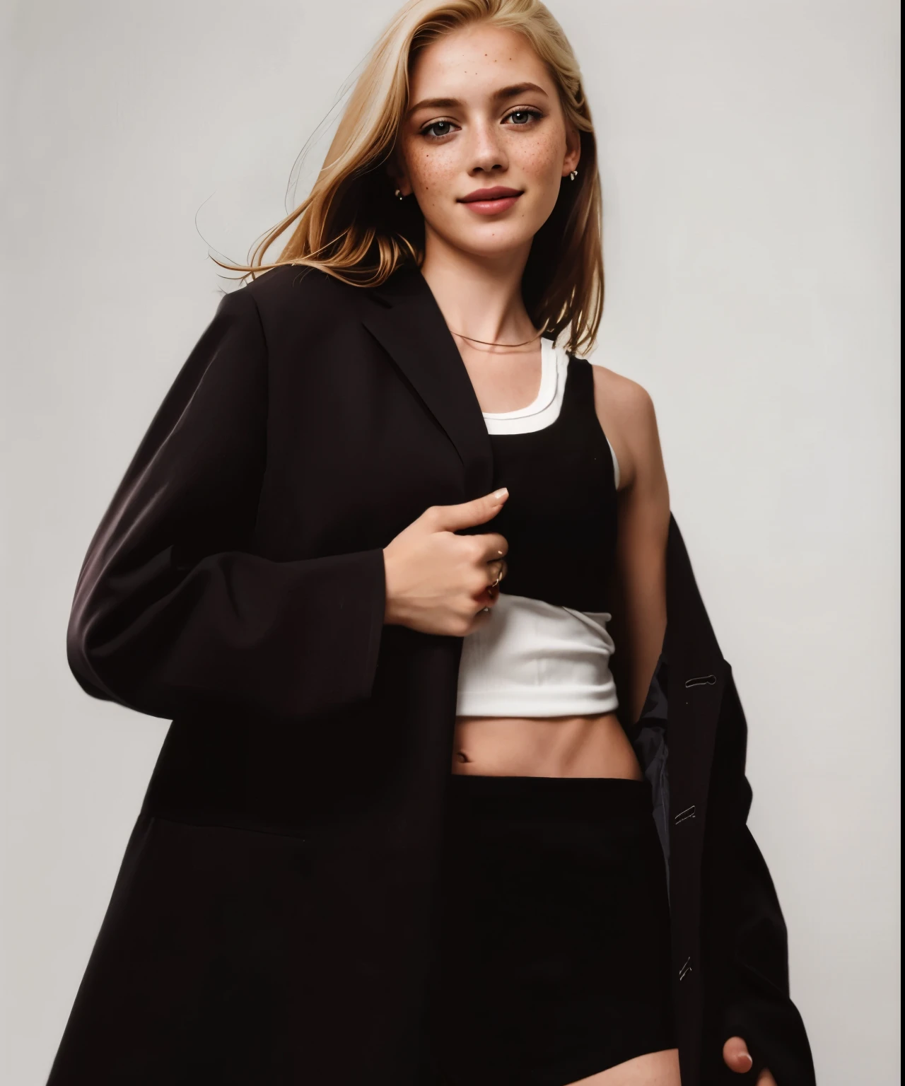 mulher, americana, 25 anos, pale skin and freckles, olhos cinzas, nariz delicado, soft and delicate lips, Cabelo blondie cinza longo e ondulados, sorriso meigo