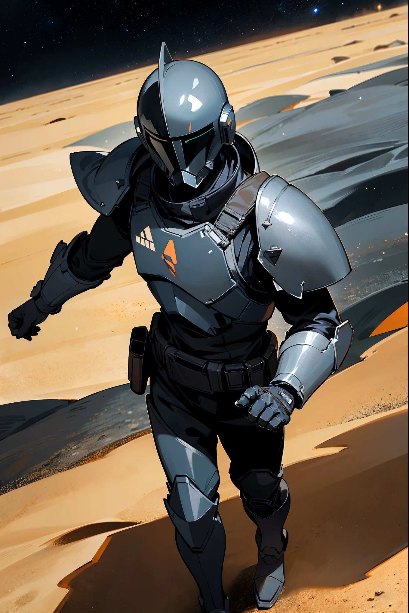 1male, space armor, black armor, black space armor, Mandalorian armor, black clothing, hands behind back, black hair, black eyes, serious expression, walking on path, sandy background, windy, space background