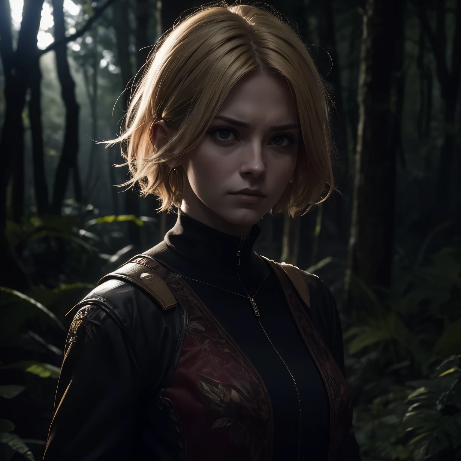 Realistic portrait image of a young hunting woman with short blond hair wearing hunting clothes with an expression of fury and anger in a forest at night, dark and unlit place, imagem escura, personagem sujo de sangue, personagem assustada e suja no meio de uma floresta densa durante a noite floresta macabra, floresta noturna sobrenatural, dentes afiados monstruosos, roupas protetoras, mulher jovem de cabelos loiros, Estilo moderno, visto da cintura para cima, Foto realista, 4k, extreme resolution, ultra high resolution, dynamic lighting, personagem realista