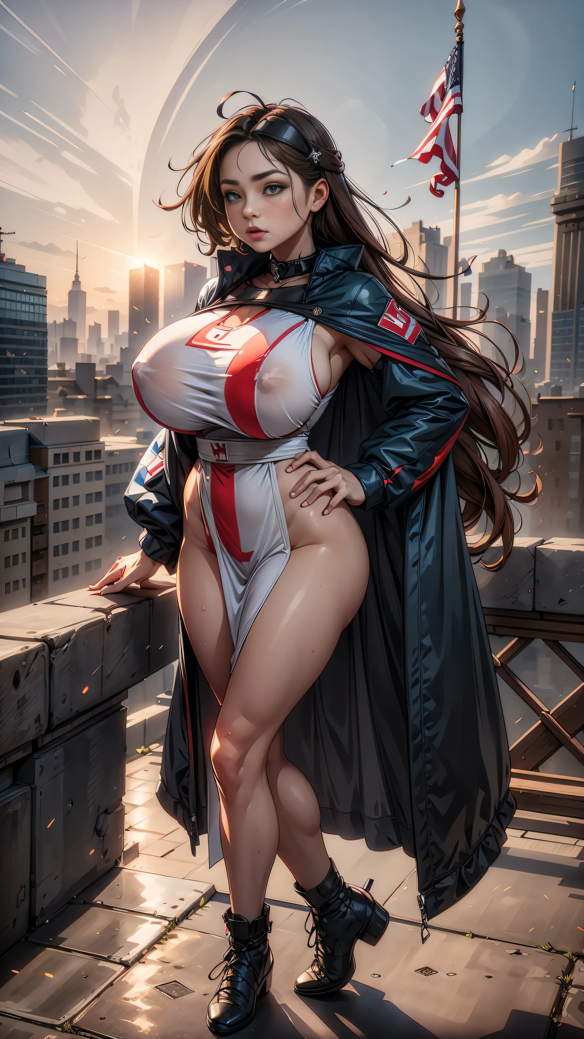 A modern-day warrior woman draped in her country's flag, standing atop a hill with a cityscape below, the scene rendered in dramatic lighting that emphasizes her strength and the dynamic composition of the patriotic theme.