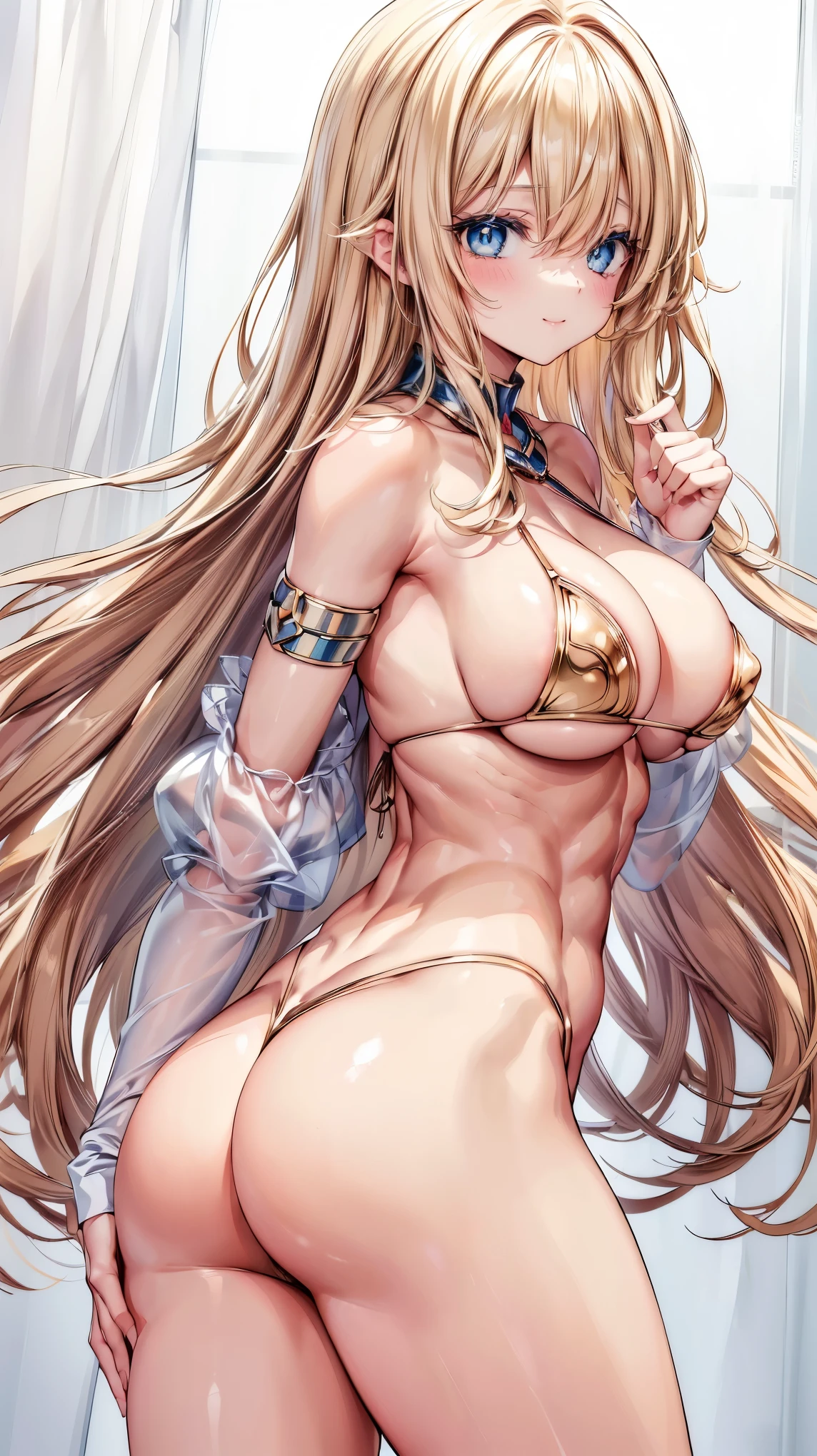 sensual, ((long blonde curly hair)), thick thighs, 8k, 4k, highest quality, High resolution:1.2), cute anime face, noise reduction, ((shining blue eyes, gentle smile, kind eyes))、toned abdominal muscles, muscular arms, muscular legs, young face, anime eyes, (((big breasts、A chest that is about to burst)))、(((bondage style、bikini armor)))、(((Rear view、I'll turn around、emphasize the buttocks、T-back that digs into your butt)))、(((white string)))
