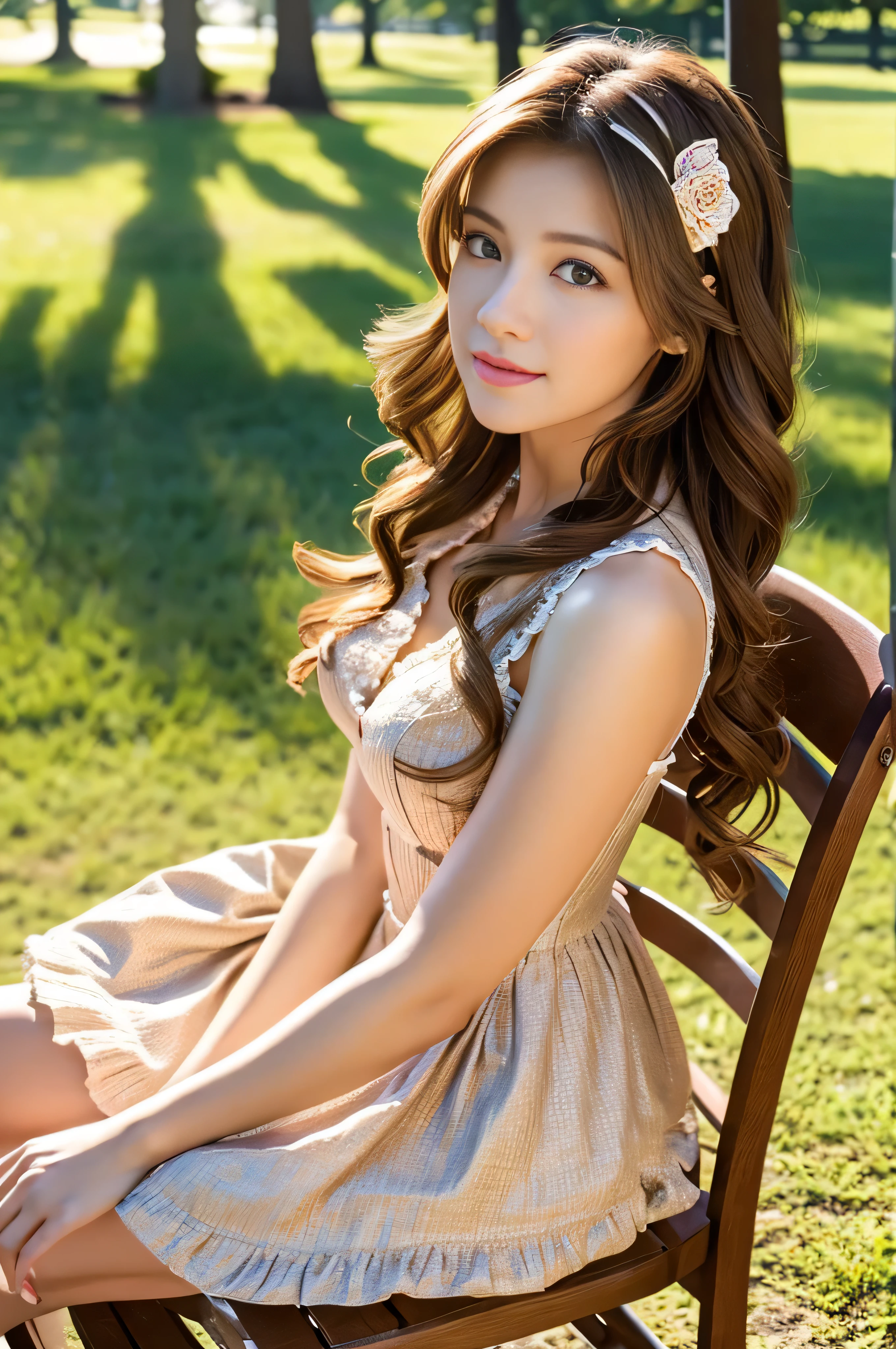 Not Safe for work contents.best quality and masterpiece,insanely detailed.hyper realistic.looking at viewer,lower body,1girl,brown hair,wavy hair,wearing a dress.,sitting on a chair in the park.((closed legs))