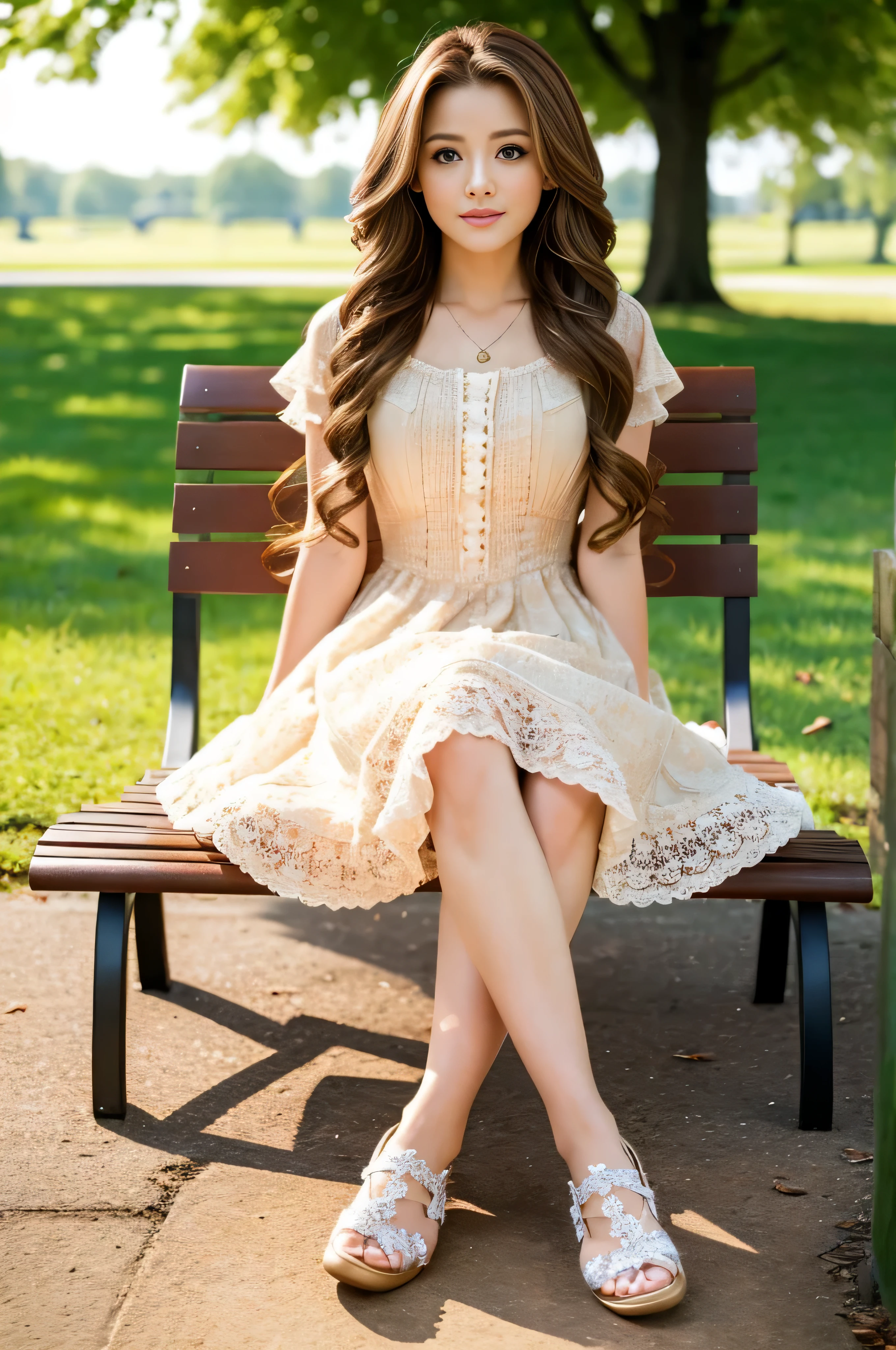 Not Safe for work contents.best quality and masterpiece,insanely detailed.hyper realistic.looking at viewer,lower body,1girl,brown hair,wavy hair,wearing a dress.,sitting on a chair in the park.((closed legs))