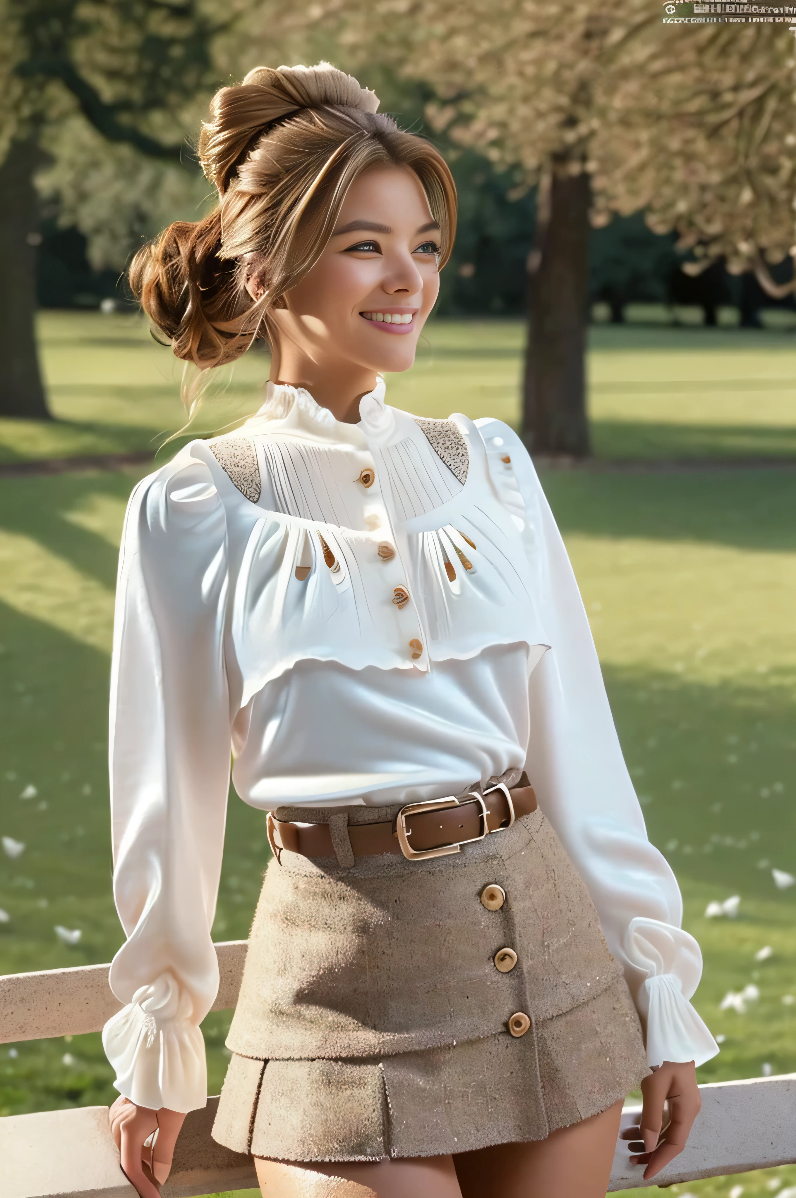 Not Safe for work contents.best quality and masterpiece,insanely detailed.hyper realistic.looking at viewer,lower body,1girl,brown hair,wavy hair,sitting on a chair in the park.((closed legs))((shy smile:1.3)),((white satin long sleeve button blouse_brown tweed miniskirt:1.3)),