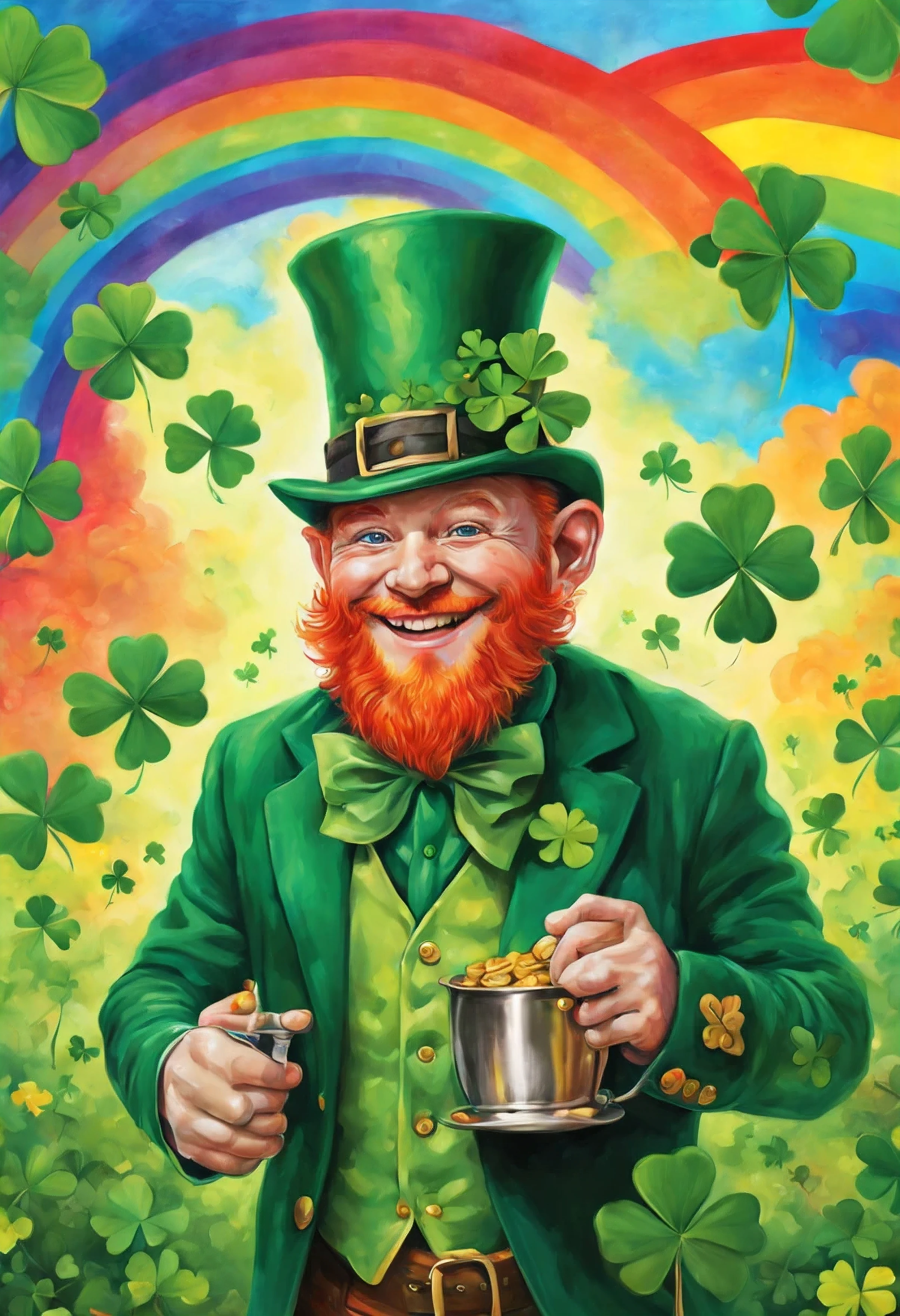 leprechaun, happy, rainbow, surreal art, vibrant, shamrocks background