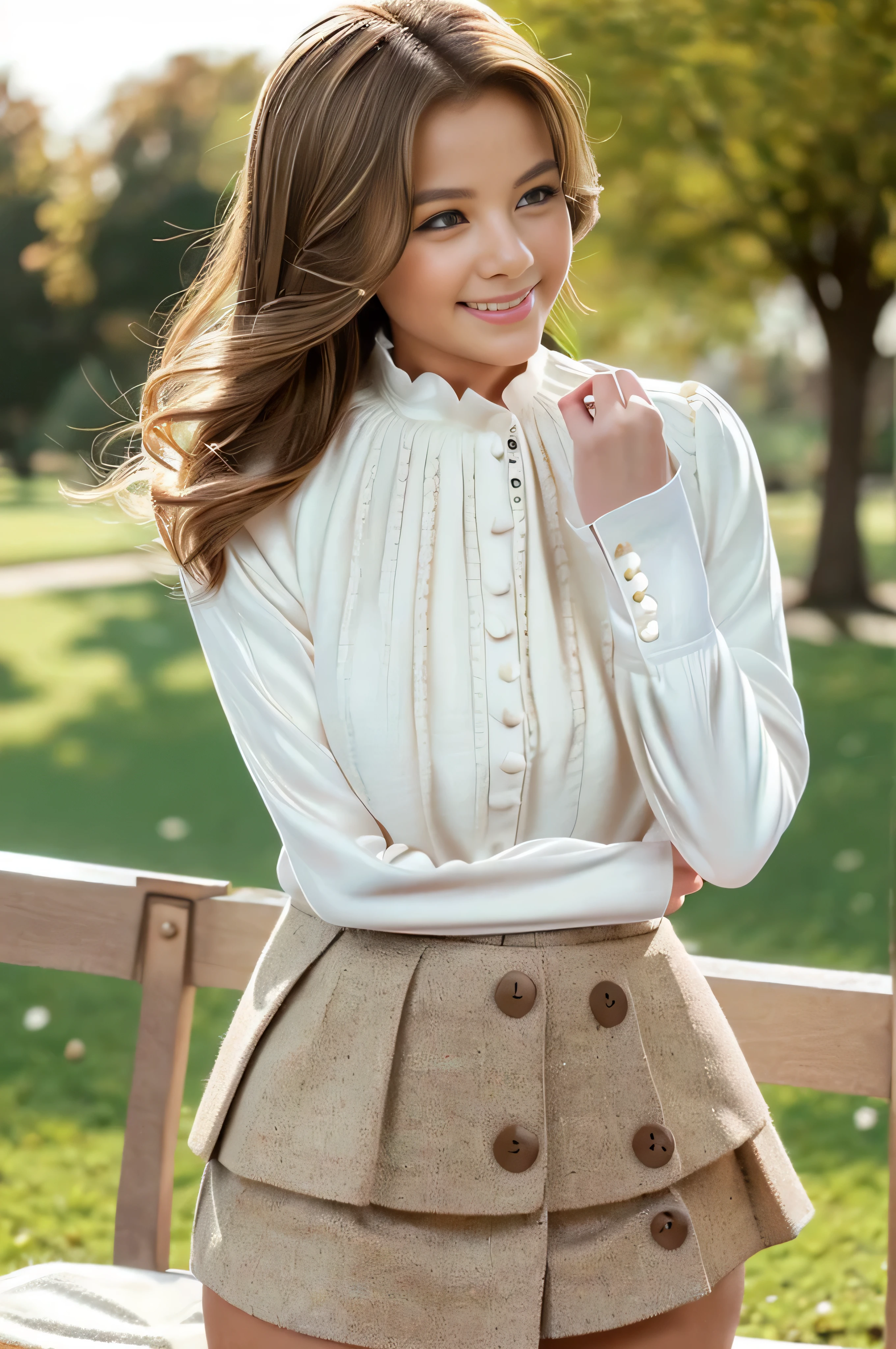 Not Safe for work contents.best quality and masterpiece,insanely detailed.hyper realistic.looking at viewer,lower body,1girl,brown hair,wavy hair,sitting on a chair in the park.((closed legs))((shy smile:1.3)),((white satin long sleeve button blouse_brown tweed miniskirt:1.3)),