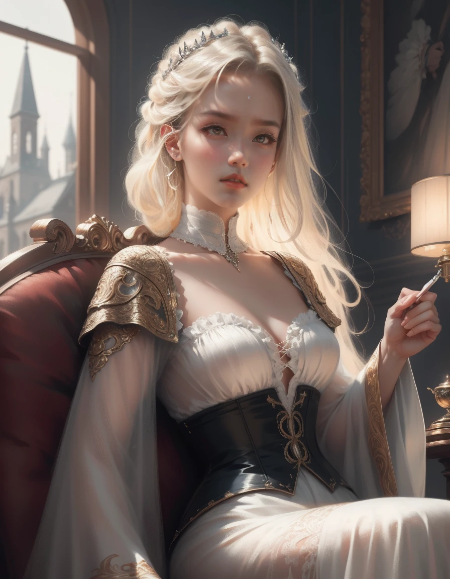 (Masterpiece - Ultra-detailed, very high resolution) Prepare to be enchanted by a true masterpiece that combines ultra-detailed art with high-resolution rendering. This work depicts a mesmerizing woman with very long blond hair (1.3) and captivating light blue eyes (1.2), emanating an aura of elegance and mystery in Victorian settings. The intricate details and realistic textures invite you to explore every aspect of this enchanting composition. Woman wearing beautiful classic Victorian costume from the year 1878. Red lips. Happy face. Smiling. (white dress). Laying down, upper body, dynamic poses. Get ready to dive into a world where beauty and craftsmanship merge perfectly. kissing a man.