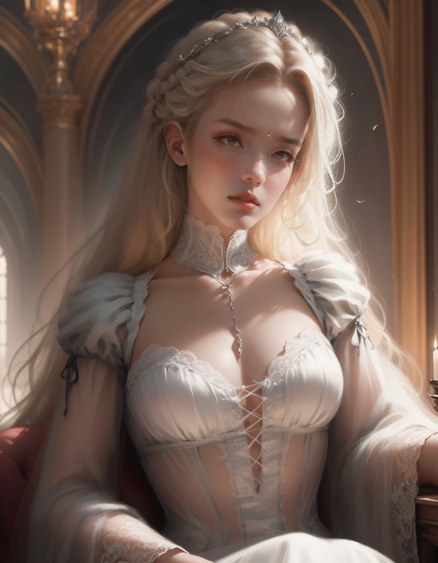 { - anatomy error}(Masterpiece - Ultra-detailed, very high resolution) Prepare to be enchanted by a true masterpiece that combines ultra-detailed art with high-resolution rendering. This work depicts a mesmerizing woman with very long blond hair (1.3) and captivating gray eyes (1.2), emanating an aura of elegance and mystery in Victorian settings. The intricate details and realistic textures invite you to explore every aspect of this enchanting composition. Woman wearing beautiful classic Victorian costume from the year 1878. Red lips. Happy face. Smiling. white (white) dress. sitting, writing, lying down, on your back, dynamic poses. Get ready to dive into a world where beauty and craftsmanship merge perfectly.