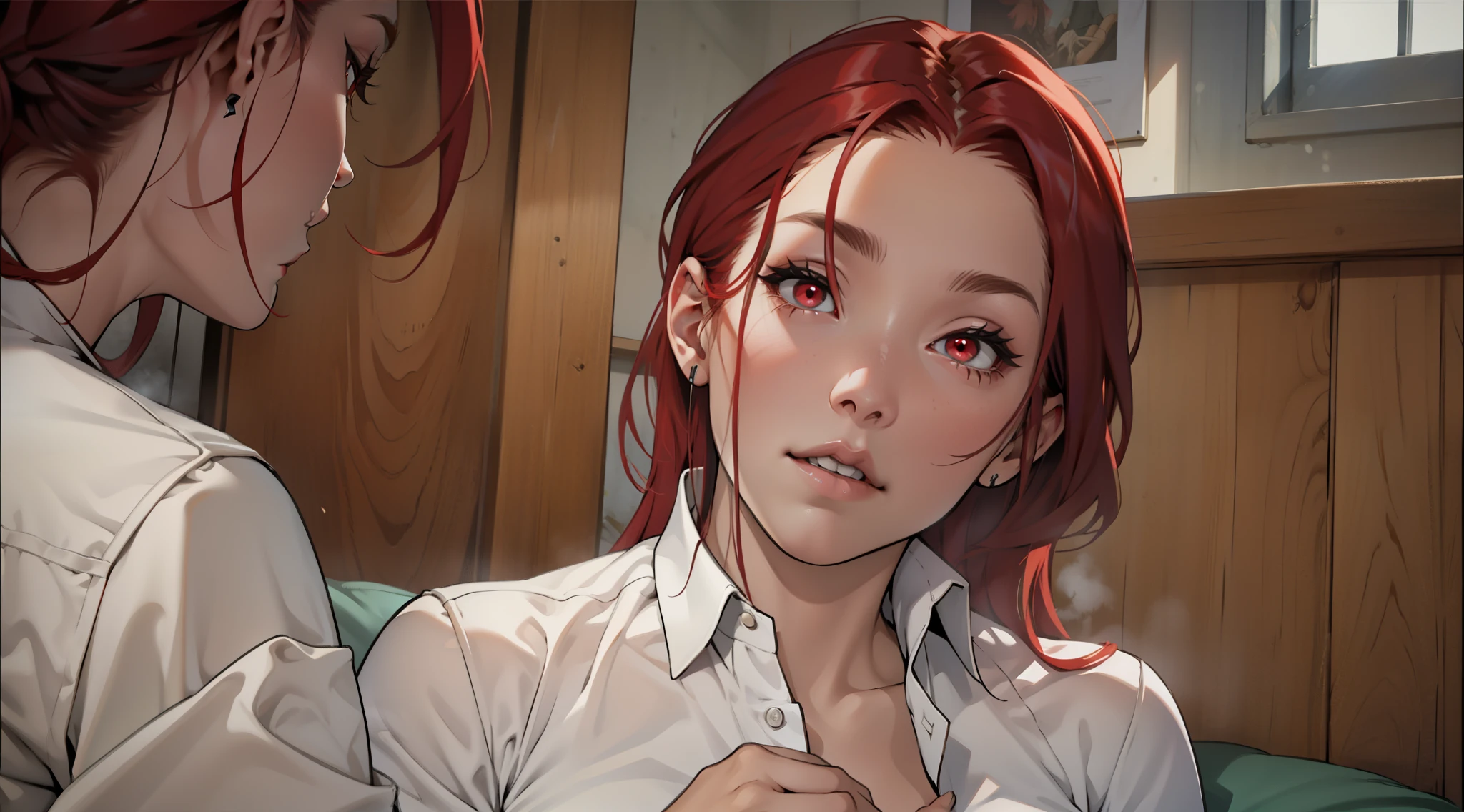 There is a woman with long red hair, red eyes, she is 40 years old, she speaks evilly. 