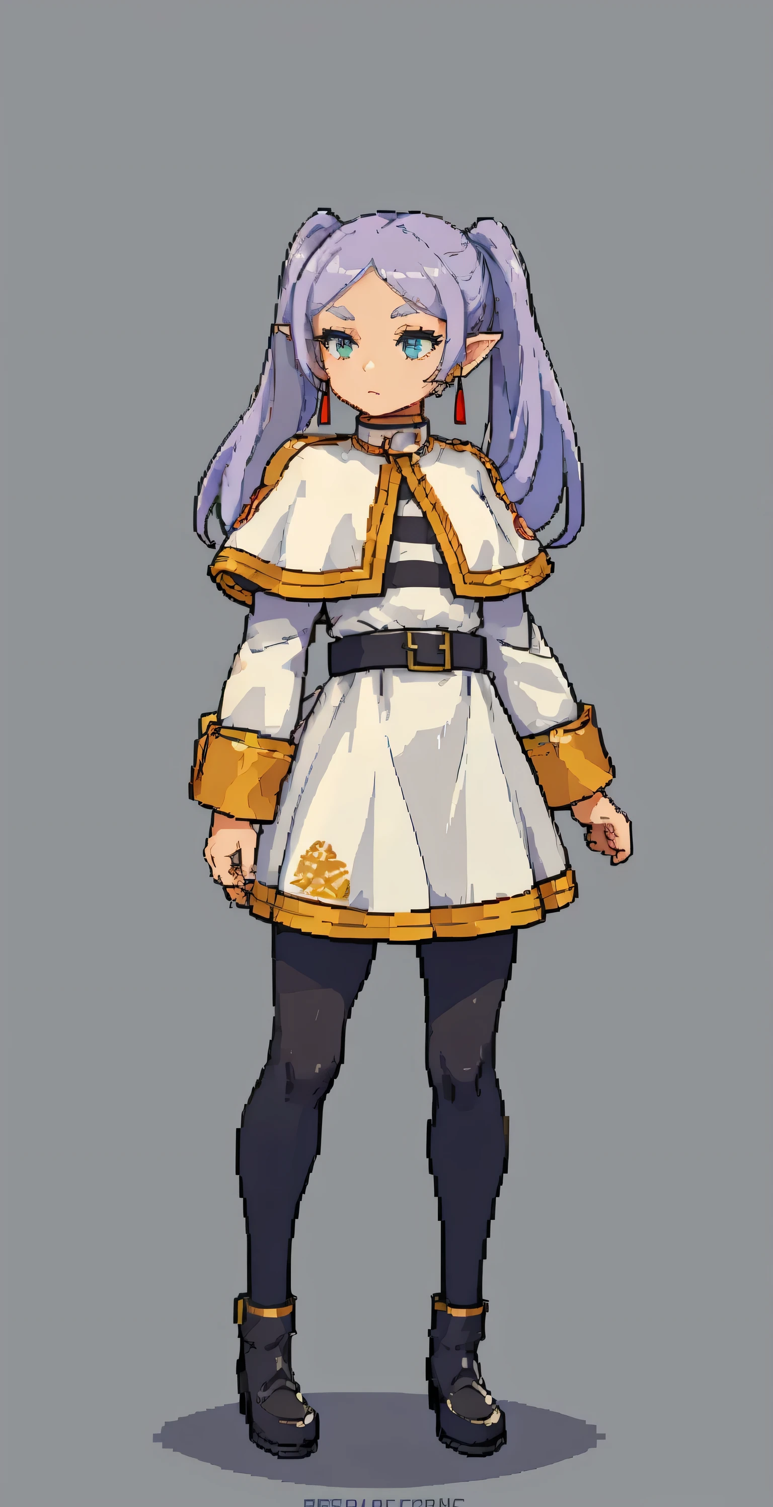 (chef-d'Ouvrages d'art, superior quality, best quality), pixels, pixel art, 1fille, tout le corps, Pixels parfaits, , geler, cheveux longs, oreilles pointues, bijoux, Des boucles d'oreilles, Twintails, manches longues, capelet, capelet blanc, robe, parted bangs, white robe, ceinture, Collants , tout le corps , pose dynamique , angle dynamique