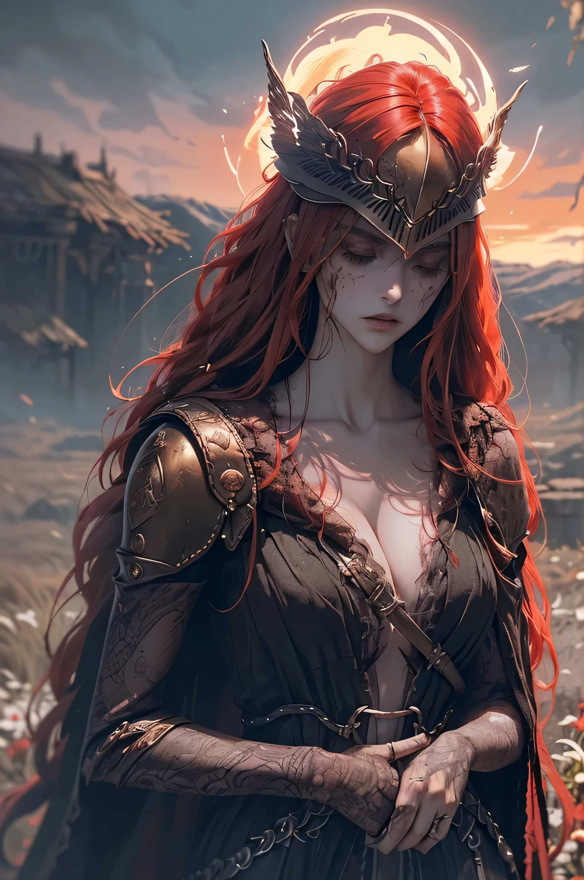 Malenia, Blade of Miquella, from Elden Ring, standing amidst the scarlet rot in a dynamic pose, wielding her weapon, the Hand of Malenia. (Focuses on action and key features) Close-up portrait of Malenia, Blade of Miquella, showcasing her sorrowful expression, prosthetic arm crafted from the Goddess of Rot's scarlet flower, and vibrant red hair adorned with the Aeonian Bloom. (Highlights facial details, characteristics, and symbolic elementalenia, Blade of Miquella, in a desolate landscape consumed by the scarlet rot, her tattered cloak billowing in the wind. (Adds atmosphere and environment) Malenia, Blade of Miquella, unleashing the waterfowl dance, her prosthetic arm glowing with scarlet rot and blades forming a feathered wing. (Highlights iconic combat move) Malenia, Blade of Miquella, kneeling amidst fallen warriors, her helmet removed, revealing a single tear rolling down her cheek. (Emphasizes vulnerability and lore aspectalenia, Blade of Miquella, in her childhood form, holding a withered flower, standing amidst a field of scarlet blooms. (Focuses on younger appearance and the connection to rot),.(((capturing the essence of gothic 90s anime style))), hunter eyes, (((extremly detailed background and character))), (((masterpiece))),(((high quality))), at night with pretty looking moon,malenia blade of miquella.Malenia, Blade of Miquella, from Elden Ring, standing amidst a swirling vortex of scarlet rot, her prosthetic arm glowing brightly, unleashing the waterfowl dance. Her red hair flows wildly, the Aeonian Bloom glowing on her head,She wears a tattered red cloak adorned with gold embroidery, revealing her scarred legs. detailed hyper-realistic with vibrant colors and emphasis on dynamic movement and powerful emotions. Malenia's Winged Helm Material Crafted from unalloyed gold, highlighting her status as an Empyrean.
A closed helmet with a visor that obscures her face.
Two large, angelic feathered wings extend from the sides of the helmet, referencing