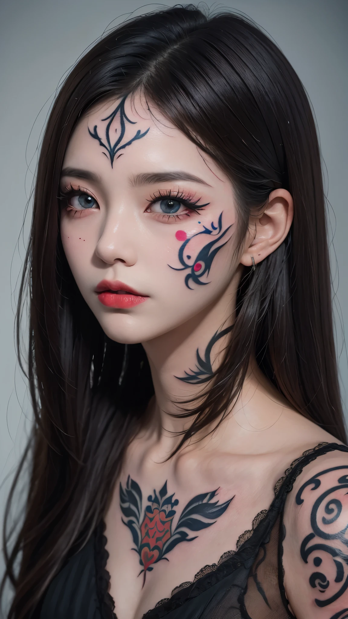 masterpiece, masterpiece, masterpiece_portrait, distinct, distinct_image, highres, high_resolution, high_quality, high_quality_anime, super_detail, hyper_detail, ultra high definition, Super facial detail, 페이스 art, 알굴 make up, pale face, red lips, 이마 make up, 눈 make up, pattern on face, 8k, 1 person, face enlargement, chinese makeup, japanese anime makeover, make up, art, art, painting on face, 얼굴 art, Demon Slayer&#39;s Blade, Akaza, face을 바라본다, Face tattoo, (tattoo on face:1.5), ghost makeup, zombie makeup, 캐릭터 make up, kabuki, portrait, (1 face:1.3), blue eyes, No background, face, face line tattoo, long eyelashes, LED lights, neon sign lighting, cyfunky, myth, red markings on the face,