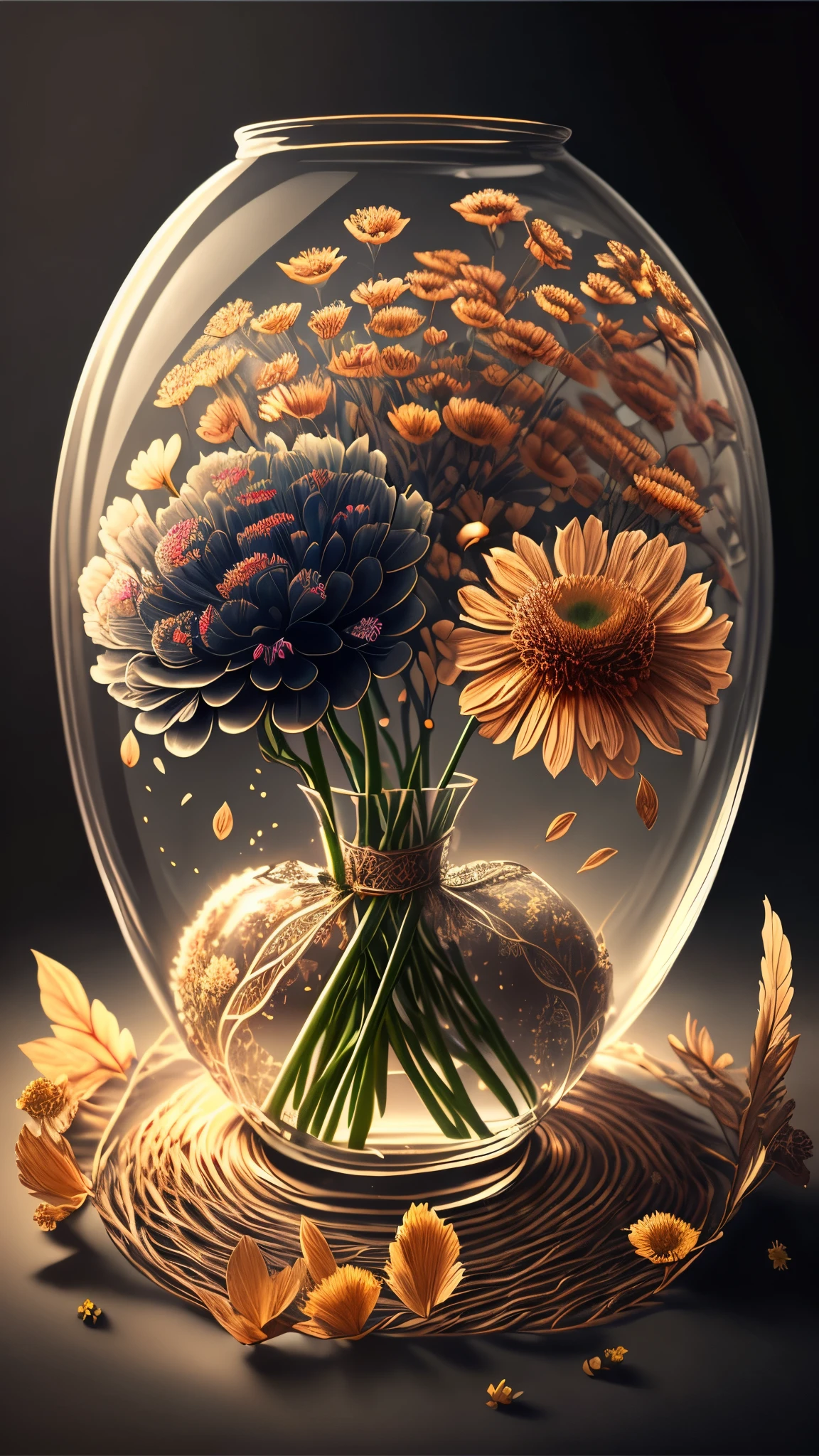 Elegant dried flowers on a black background with a vintage filter and a quote that says 'Beauty never fades' in 8K HD high quality high detail cinematic fantasy photorealistic style