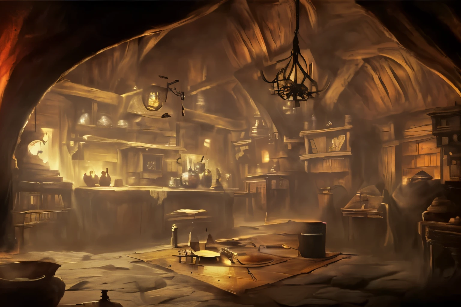 Close-up of a room with a table and chairs, fantasy alchemist's laboratoryoratory, Jinshu Temple, Wizard's Lab, magic laboratory setting, alchemist library background, Fantasy Potion Bender Interior, Mysterious laboratory, Multidimensional cozy izakaya, Ruina's library concept art, alchemist's laboratory, Magic Lab Background, Fantasy Bender Interior, Fantasy tavern background, Medieval concept art, Video Game Environment Design