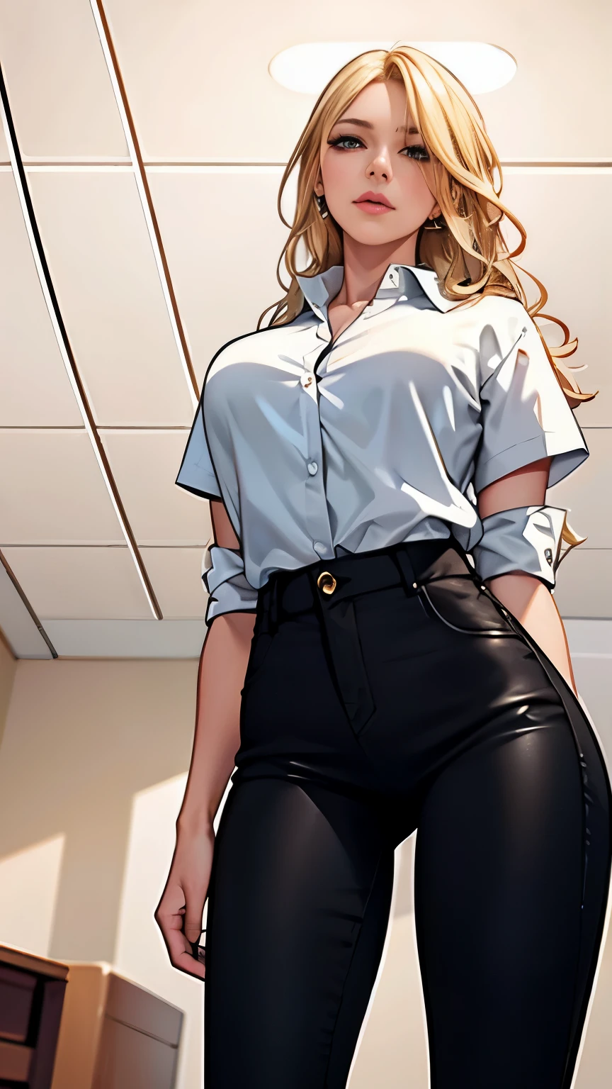 (blonde hair:1.3),long hair,wavy hair,(collared white shirt:1.2),(black skinny pants:1.5),, (detailed skin:1.2),(shiny skin:1.1),8k,best quality, masterpiece, ultra high res, (photorealistic:1.4), RAW photo,(soft saturation:1.3),(fair skin:1.2),1woman,(long face:1.4),gyaru,makeup,(lipstick:1.1),(eyeliner:1.2),mascara,eyeshadow, glamor, large breasts, ((from below,white ceiling,thigh focus))