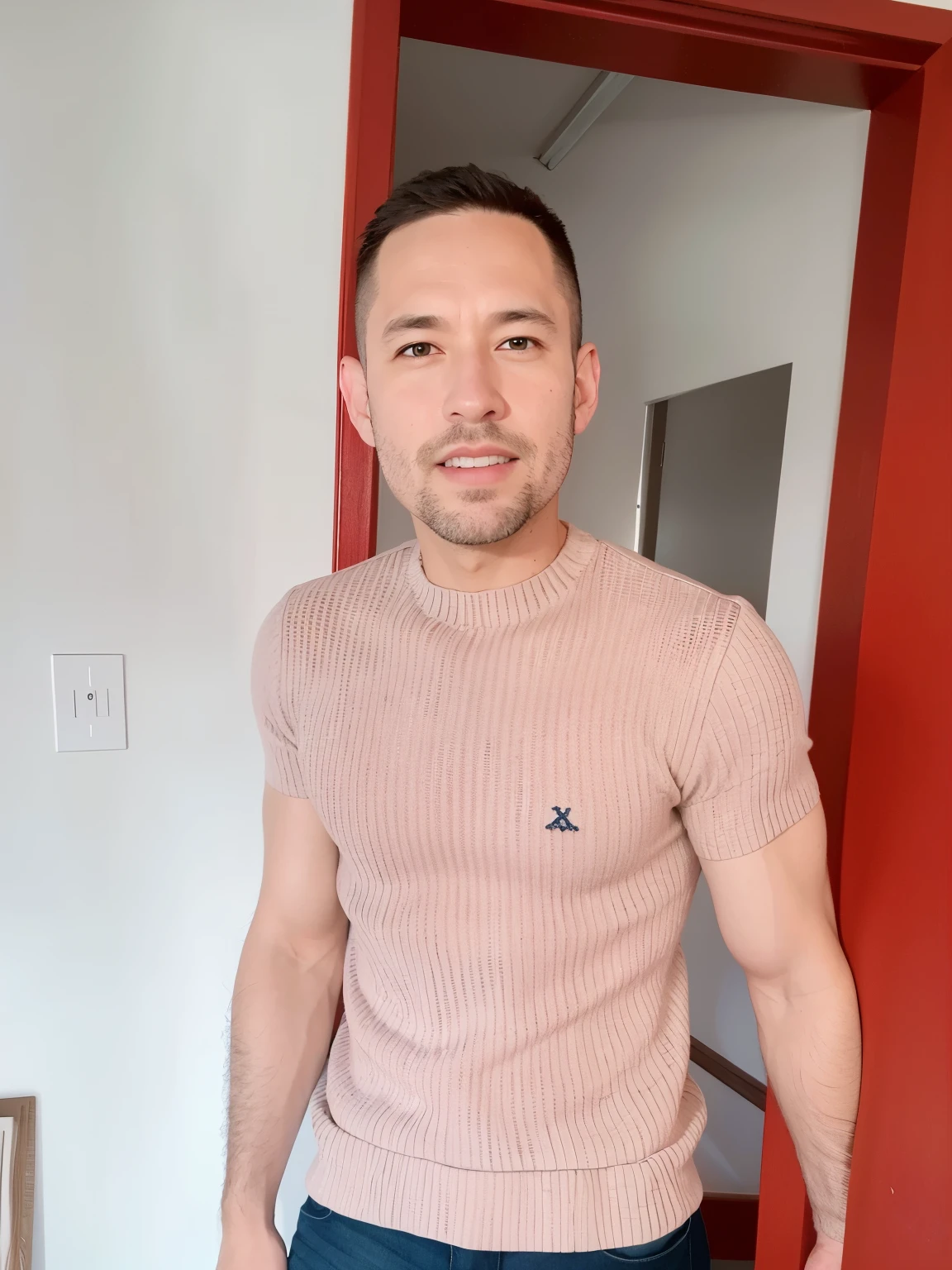 (best quality,4k,8k,highres,masterpiece:1.2),ultra-detailed,(realistic,photorealistic,photo-realistic:1.37),knitted men's shirt,short-sleeved,vertical stripes,textures,wool,high-definition knitting patterns,detailed woven fabric,stitching details,male model wearing shirt,bright colors,contrasting shades,professional lighting,crisp focus,expressive stance,studio photography