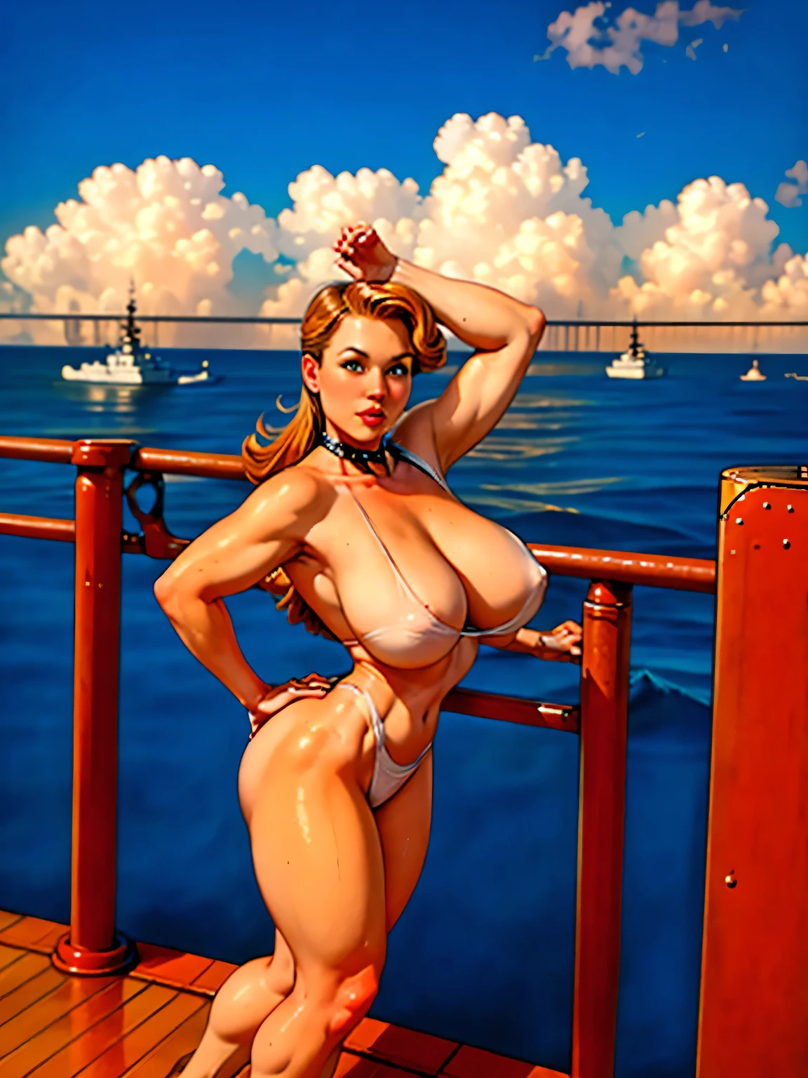 A naval officer pin-up, her pose confident as she stands on the deck of a vintage battleship, the ocean stretching out behind her, the scene capturing the essence of adventure and duty with a touch of nostalgia.