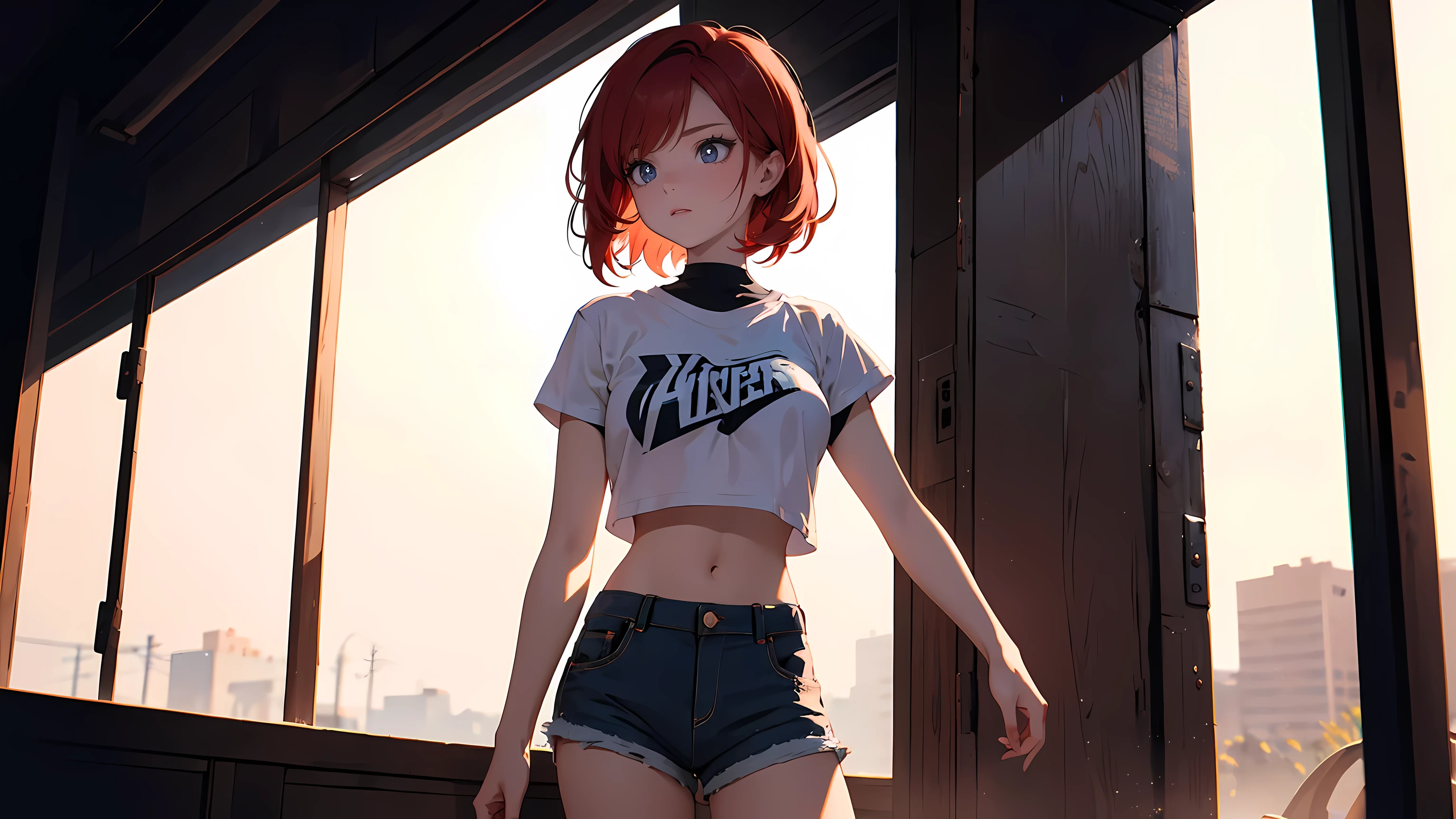 ((1girl)), one beautiful girl, detailed beautiful hair, detailed beautiful eyes, short red hair, white crop top t-shirt, no bra, jean shorts, standing, cowboy shot, cinematic lighting, dramatic lighting,