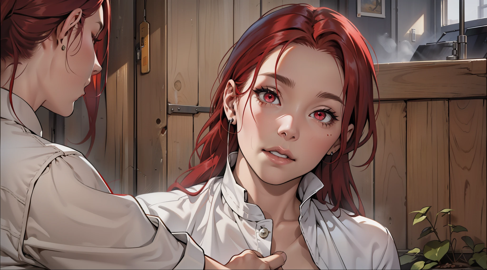 There is a woman with long red hair, red eyes, she is 40 years old, she speaks evilly.