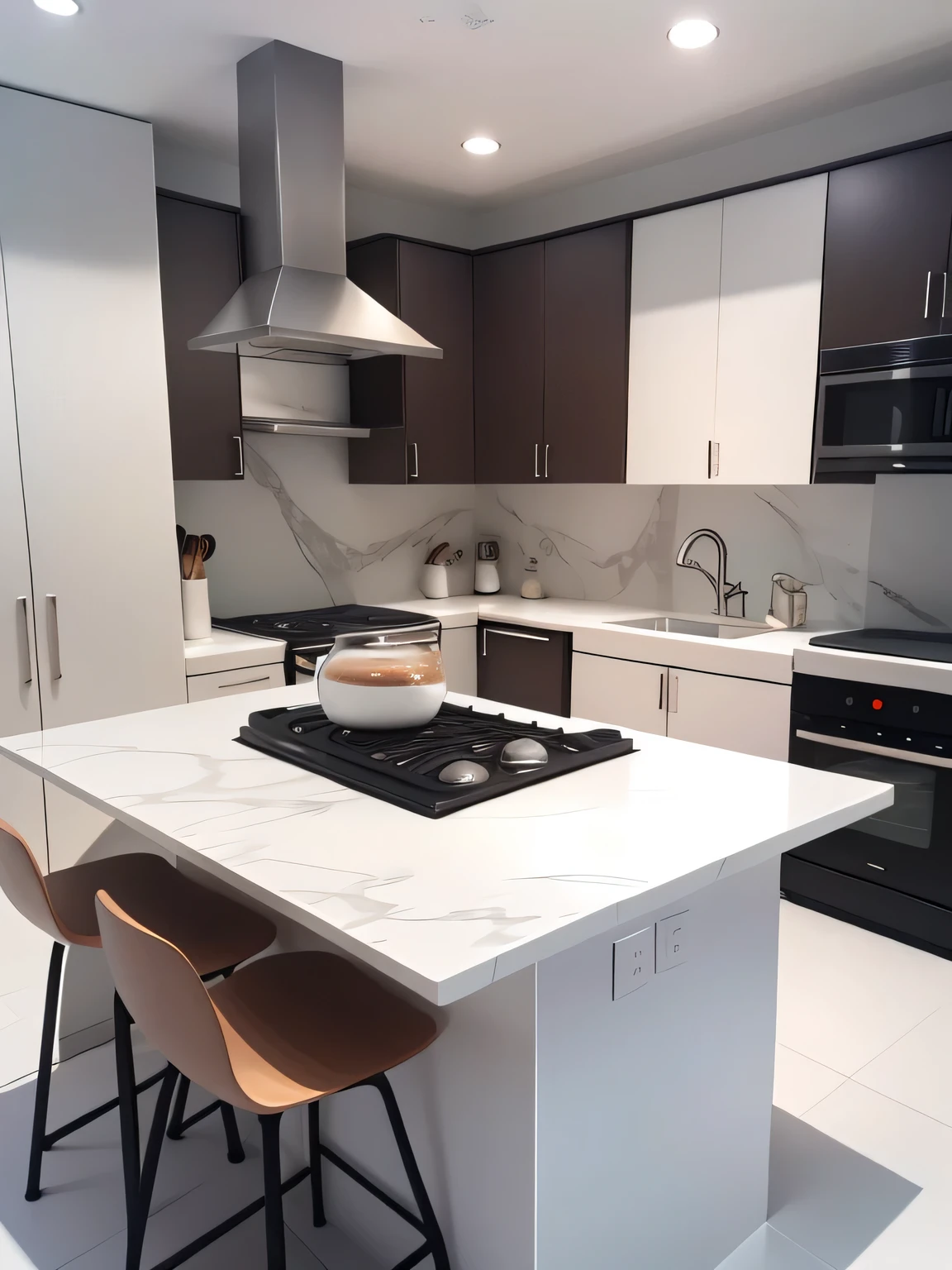 white marble modern kitchen with a coffee machine and cook ware real looking, 4 pictures