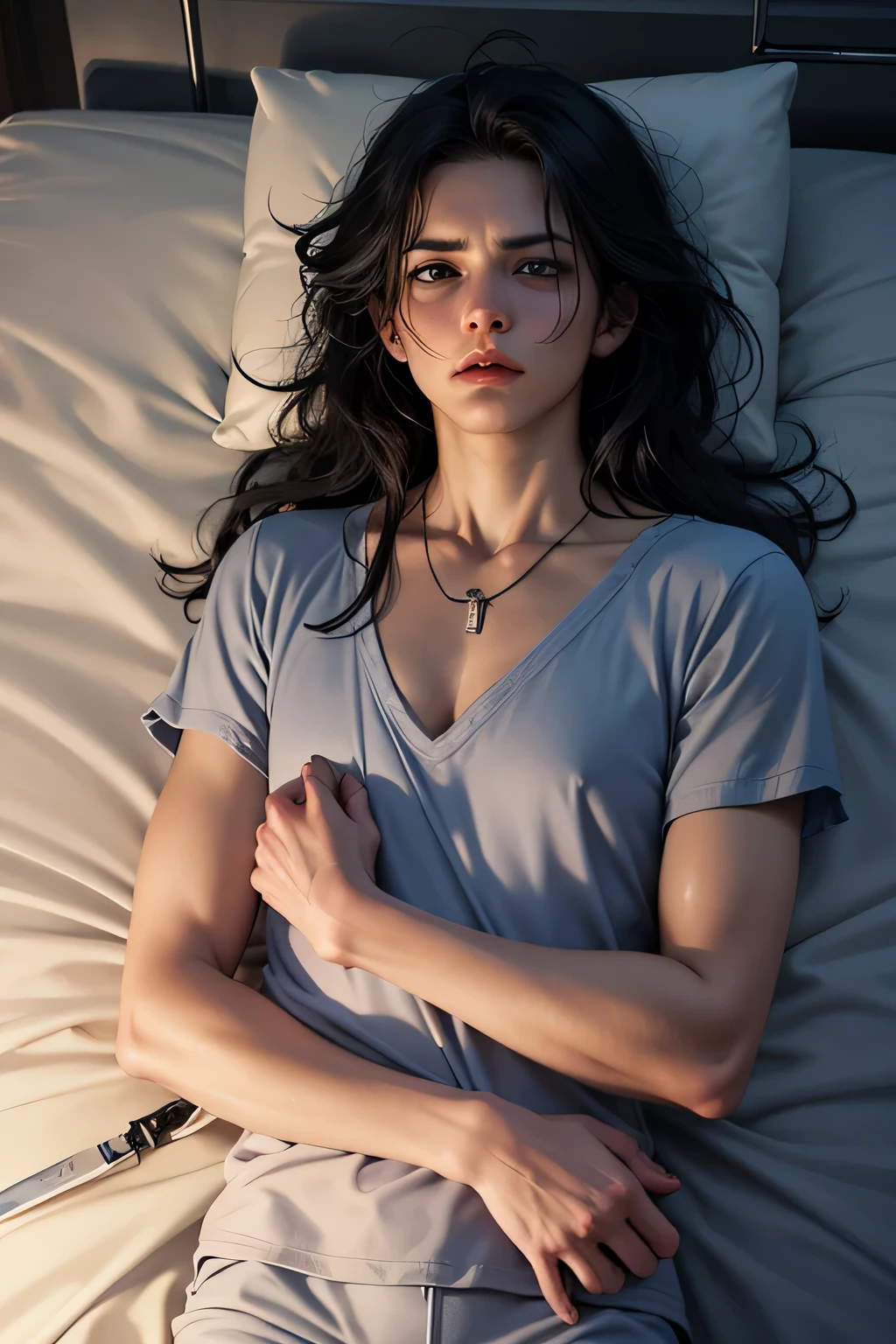 (best quality, high resolution), (actual:1.37), [Hospital], (1 person:1.3), [20s], blue eyes, messy black hair, [Casual pajamas], eyes wide open, anger, unwilling, [soft pillow], [medical equipment], [The room is dimly lit], sleepy, Deluxe ward, Second cold, The gleaming dagger pressed against his neck., 4k