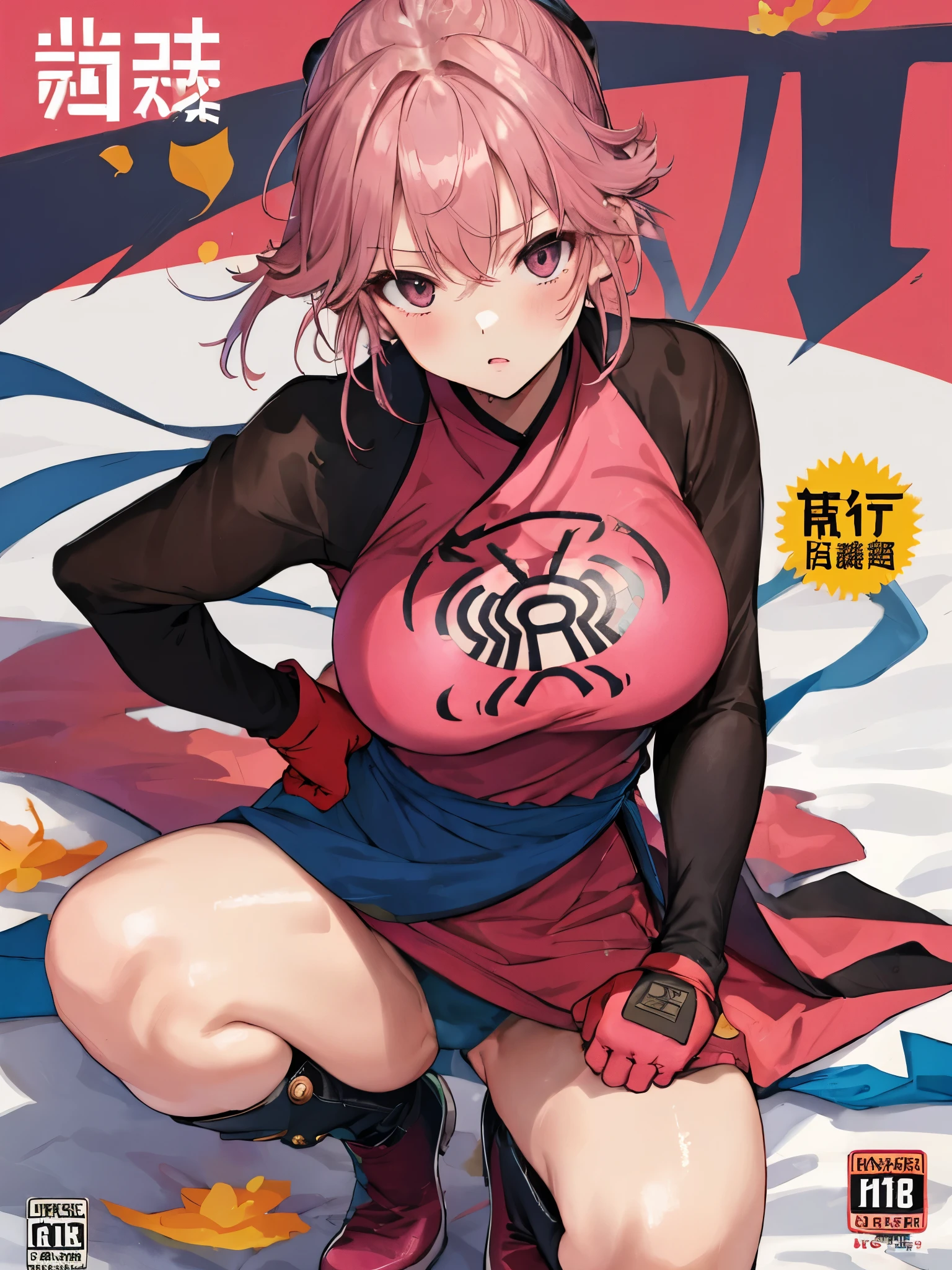 (table top, highest quality:1.1), (make a fist, squatting position), dragon questマアム, dragon quest, 1 girl, alone, (huge tit, You can see the shape of the nipple, sexy panties, short hair, pink hair, parted bang, Good cover,:1.1, fingerless gloves, pink gloves, torn Chinese clothes:1.25, torn pink dress:1.25, ribbon, Knee-high boots), sweat a lot、((muscular pussy)),It can be seen from above the pants、(liquid that gives a sexual impression、juice)