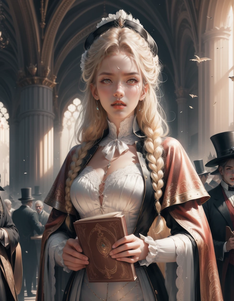 { - anatomy error}(Masterpiece - Ultra-detailed, very high resolution) Prepare to be enchanted by a true masterpiece that combines ultra-detailed art with high-resolution rendering. This work depicts a mesmerizing woman with very long blond hair (1.3) and captivating gray eyes (1.2), emanating an aura of elegance and mystery in Victorian settings. The intricate details and realistic textures invite you to explore every aspect of this enchanting composition. Woman wearing beautiful classic Victorian costume from the year 1878. Red lips. Happy face. Smiling. white (white) dress. segurando um livro, dynamic poses. Get ready to dive into a world where beauty and craftsmanship merge perfectly.