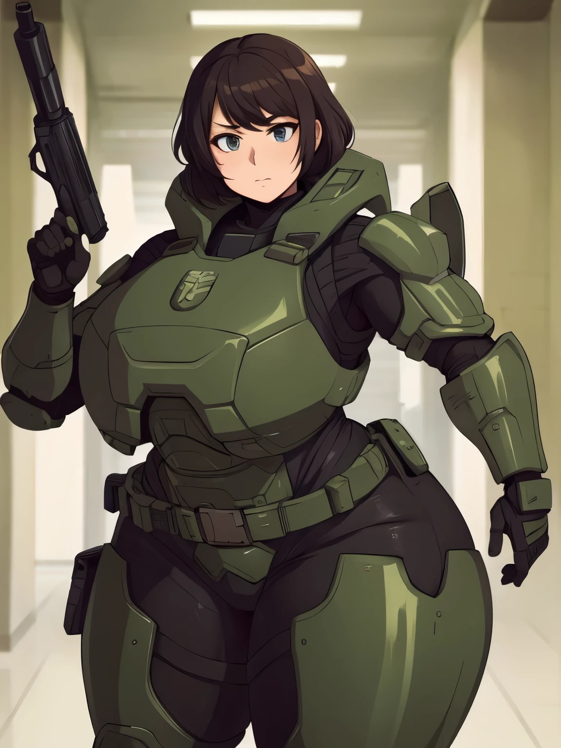 masterpiece,highest quality,Super detailed,adult female,(( gigantic breasts)),wide hips thick thighs,,intricate detaililitary full face helmet、full face goggles,full armor,Full Face Armor,looking at the viewer,have a gun,