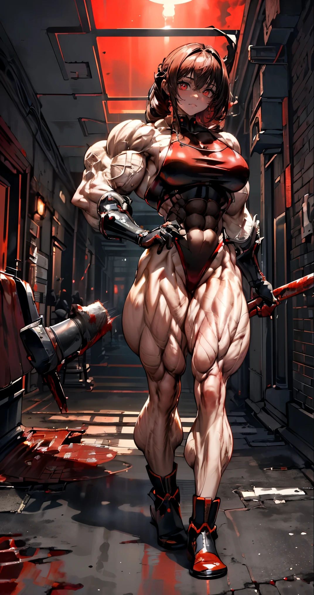 (best lighting) , (Extremely complex and detailed) , 4K unified, (Super detailed CG: 1.2) , (8k: 1.2),(The original), (masterpiece) , (best quality),(masterpiece:1.4),Anime-like high quality,(masterpiece),masterpiece, Super clear picture quality,clearer than,(delicate face)best quality, absurd,((peace master, 4k, 8k, Yes, high resolution))1个girl, female student,,(beautiful bass),((bodybuilder:1.6))(girl)(front:1),(miss),(((whole body:1)))whole body,boots(((((((Empty, dead hotel)))))))(((front:1))) (((front:1)))legs apart(((muscle texture)))(((Muscle details)))(((vascular structure)))(((anatomy))) (((front:1)))legs apart(((muscle texture)))(((Muscle details)))(((vascular structure)))(((anatomy)))(((Dark light and shadow))) (((((dark background)))))(((((Eyes bloody red light)))))(((Dark light and shadow))) (((((dark background)))))(((((Eyes bloody red light)))) (((Dark light and shadow))) (((((dark background)))))(((((Eyes bloody red light))))))(((((Murderous intent and bloodstains))))((((((Blood stains on the body and a dark smile))))))(((((Holding a super huge hammer)))))